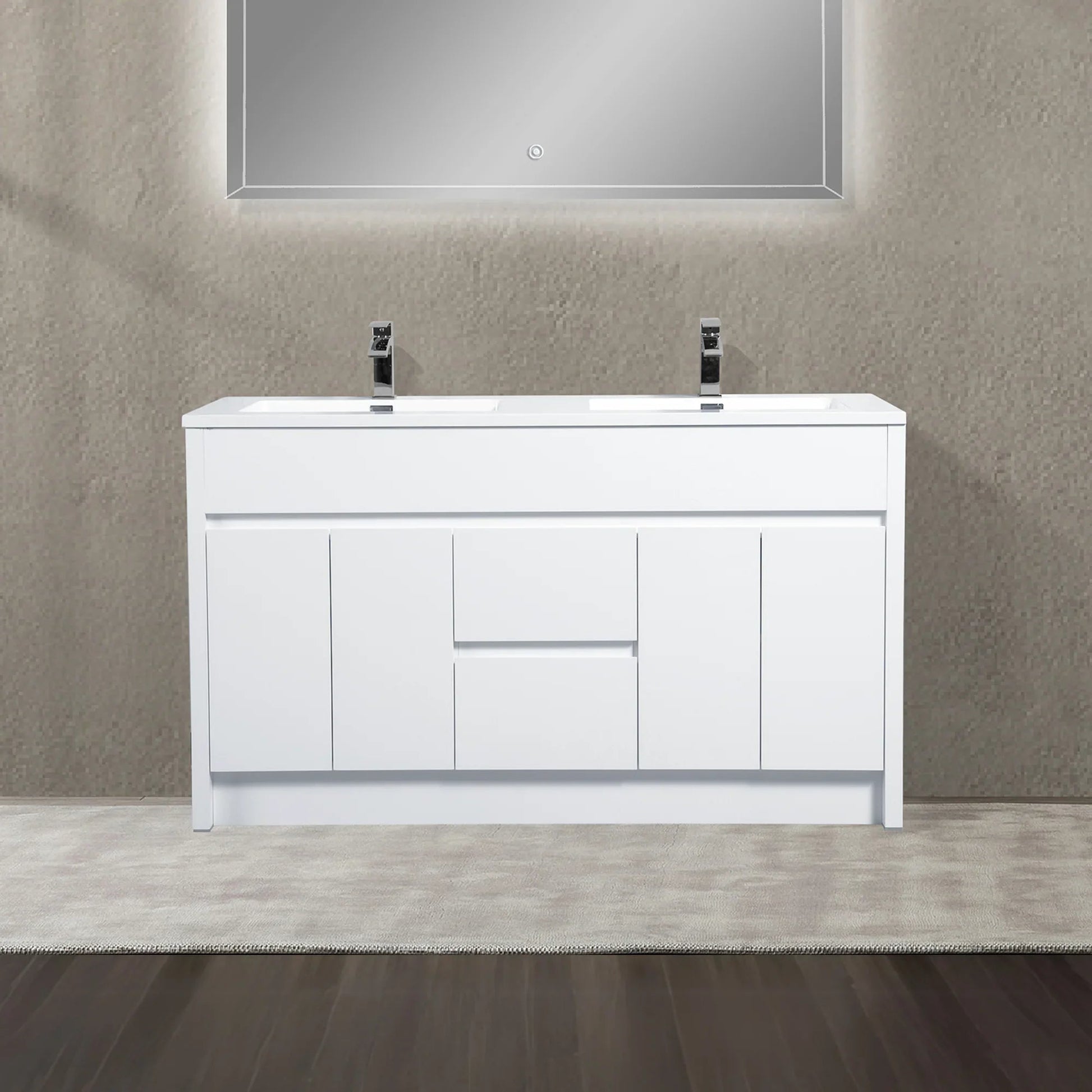 60" Matte White Freestanding Double Sink Bathroom Vanity with White Polymarble Countertop-Migration_Bathroom Vanities-DECOROLALA