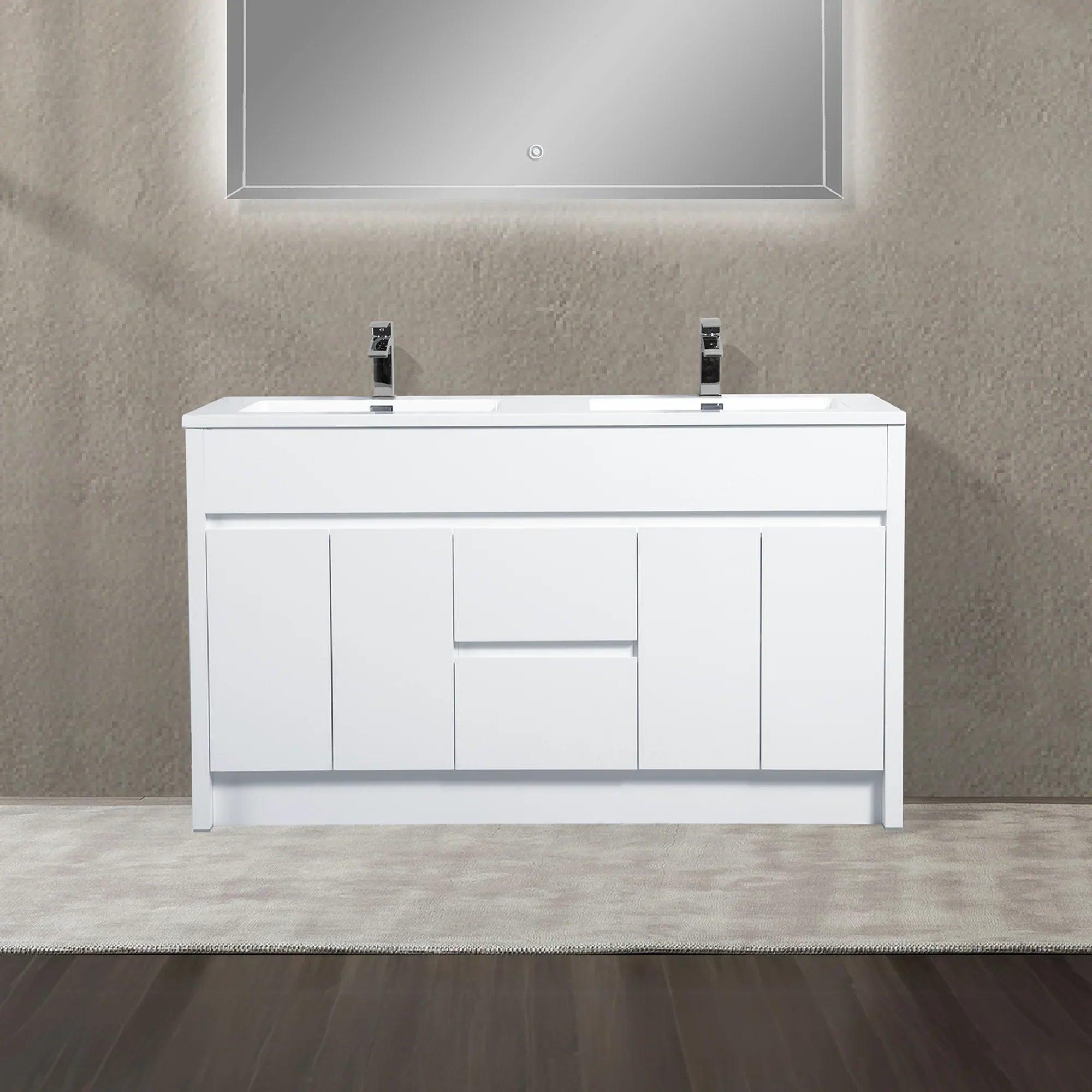 60" Matte White Freestanding Double Sink Bathroom Vanity with White Polymarble Countertop-Migration_Bathroom Vanities-DECOROLALA