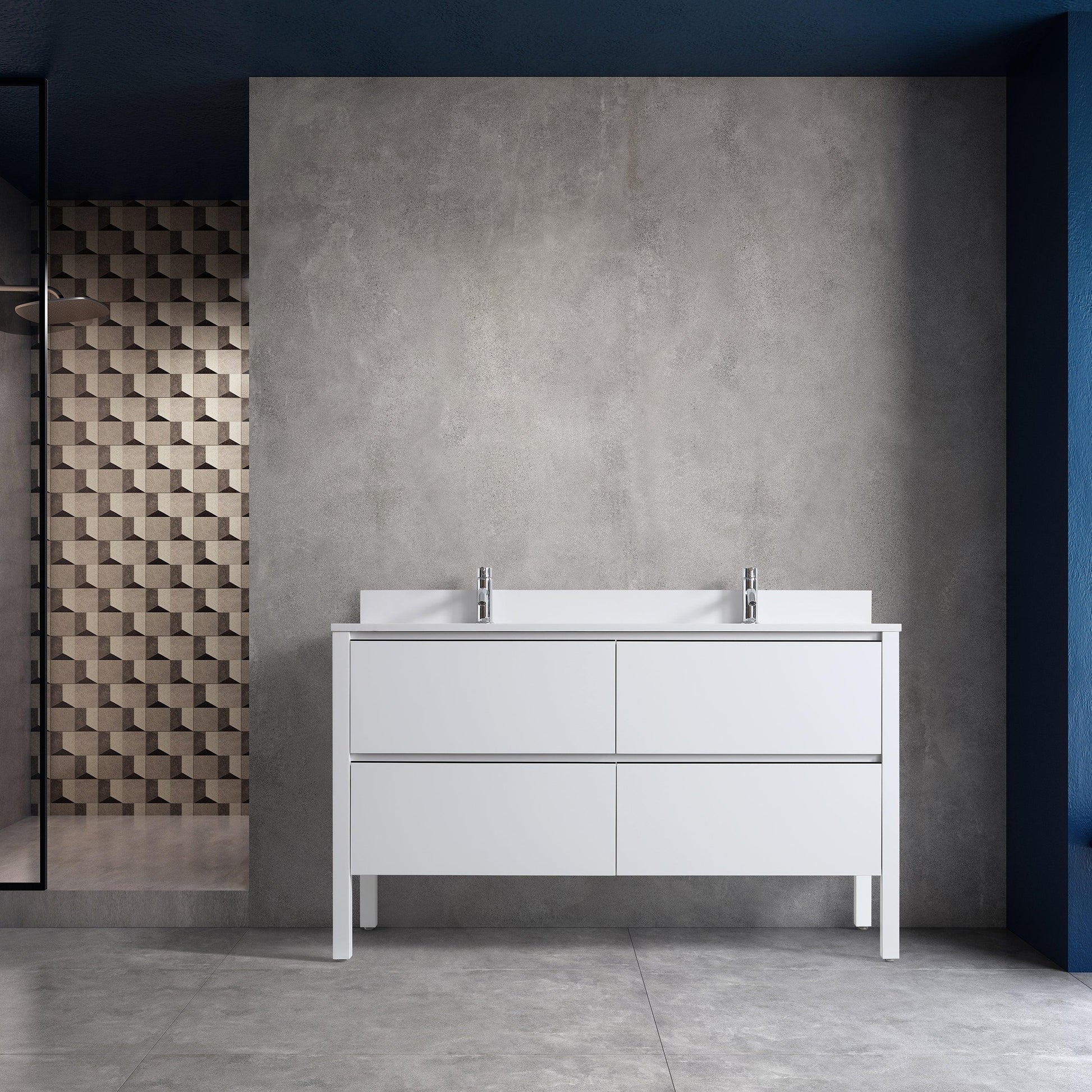 60" Matte White Freestanding Double Sink Vanity with White Quartz Countertop and Ceramic Sink-Migration_Bathroom Vanities-DECOROLALA