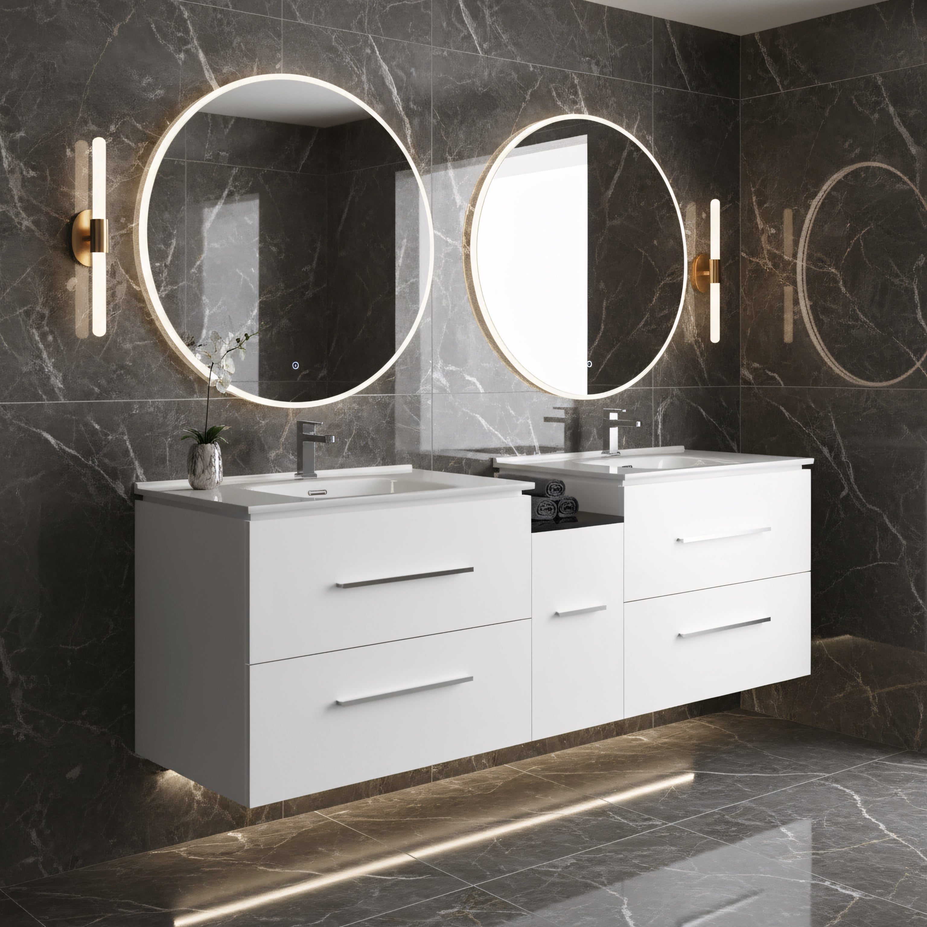 60" Matte White Wall Mount Double Sink Bathroom Vanity with White Ceramic Countertop-Migration_Bathroom Vanities-DECOROLALA