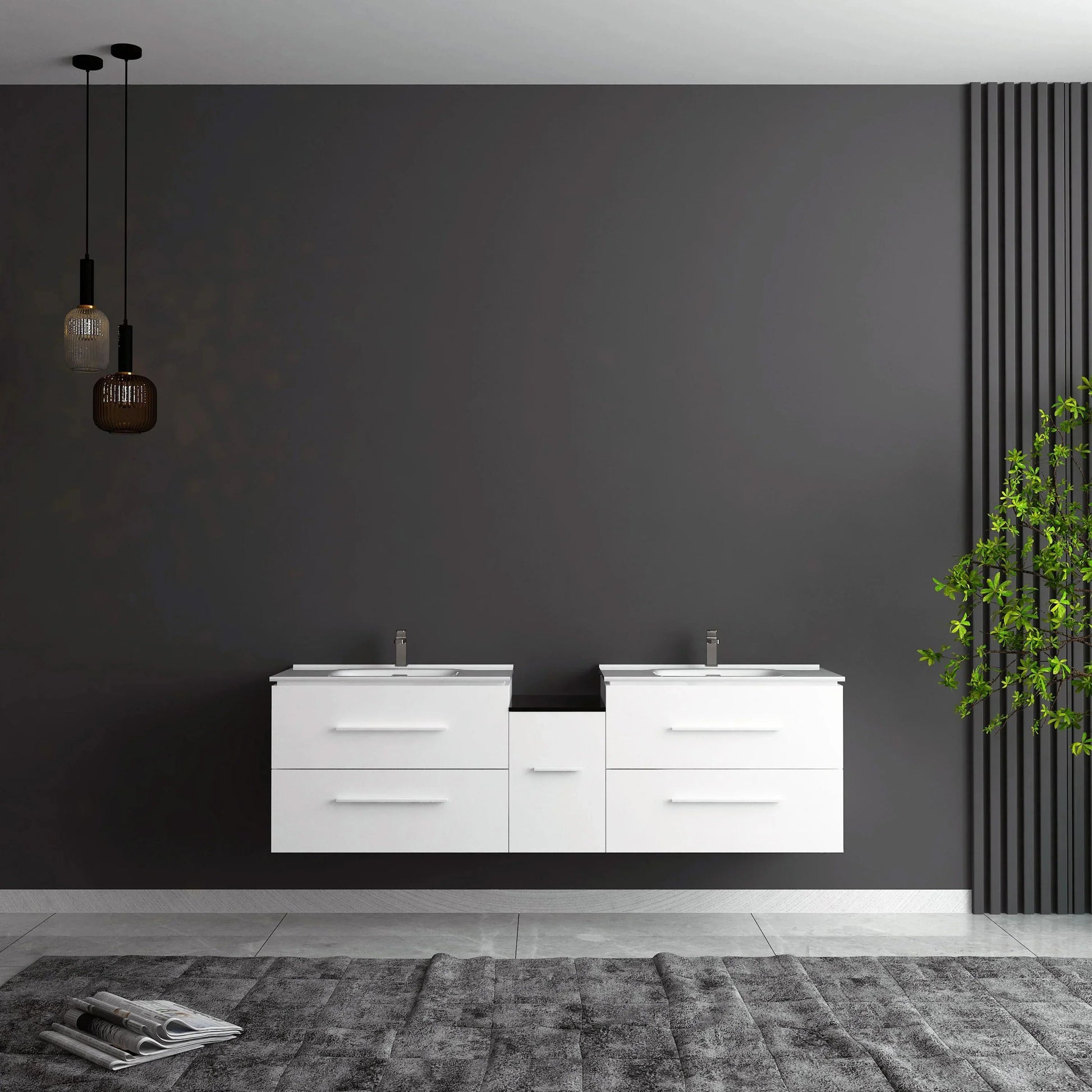 60" Matte White Wall Mount Double Sink Bathroom Vanity with White Ceramic Countertop-Migration_Bathroom Vanities-DECOROLALA