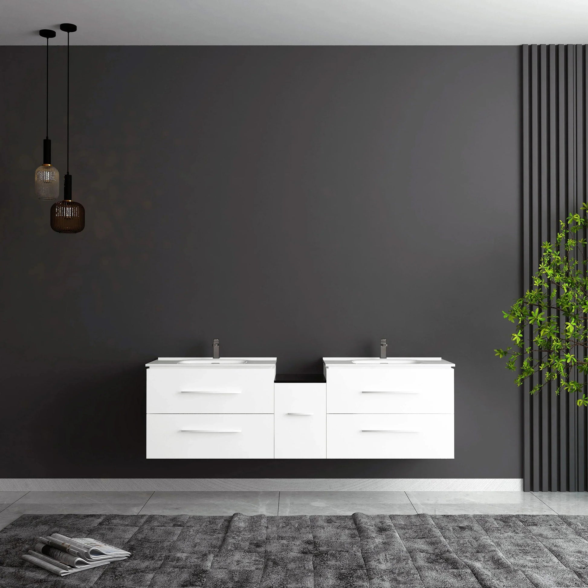 60" Matte White Wall Mount Double Sink Bathroom Vanity with White Ceramic Countertop-Migration_Bathroom Vanities-DECOROLALA