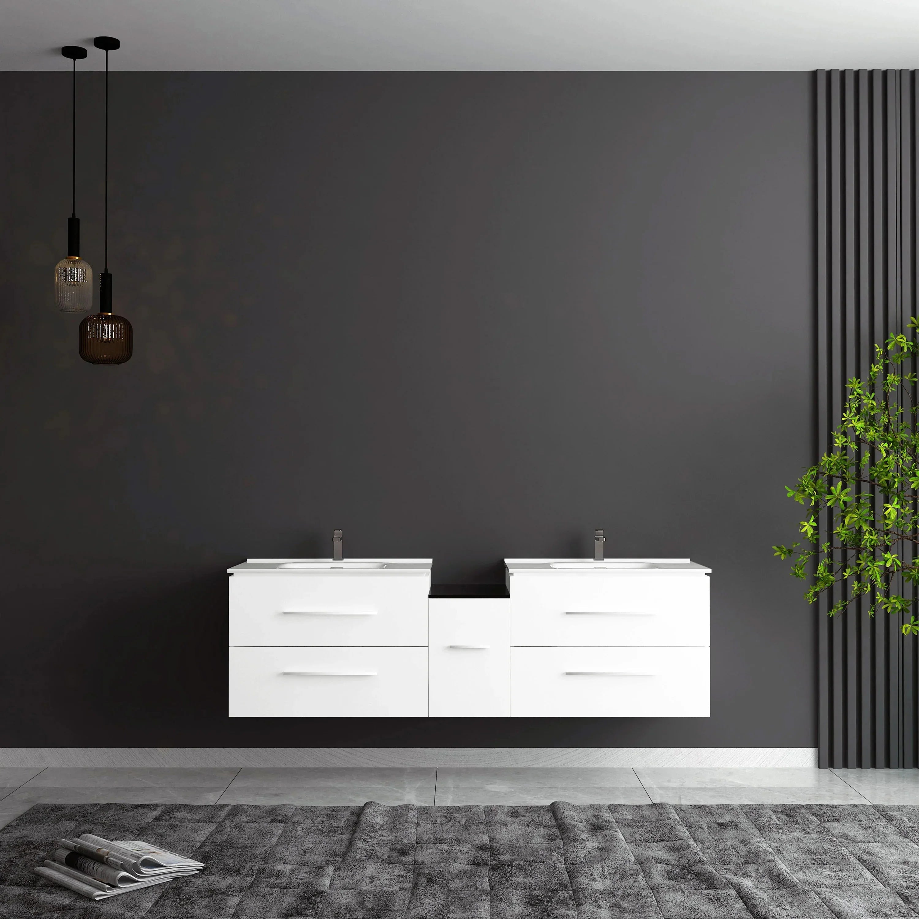 60" Matte White Wall Mount Double Sink Bathroom Vanity with White Ceramic Countertop-Migration_Bathroom Vanities-DECOROLALA