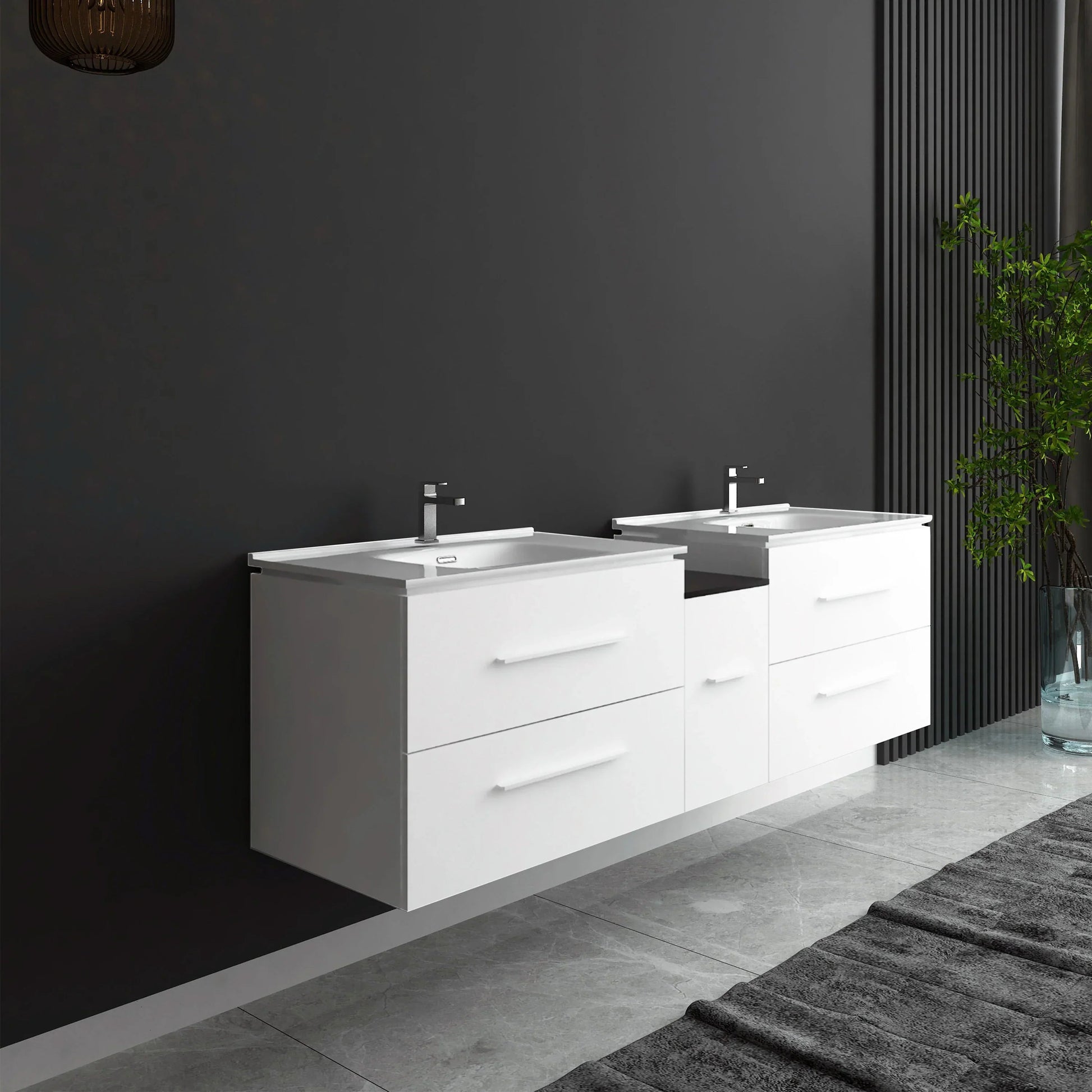 60" Matte White Wall Mount Double Sink Bathroom Vanity with White Ceramic Countertop-Migration_Bathroom Vanities-DECOROLALA