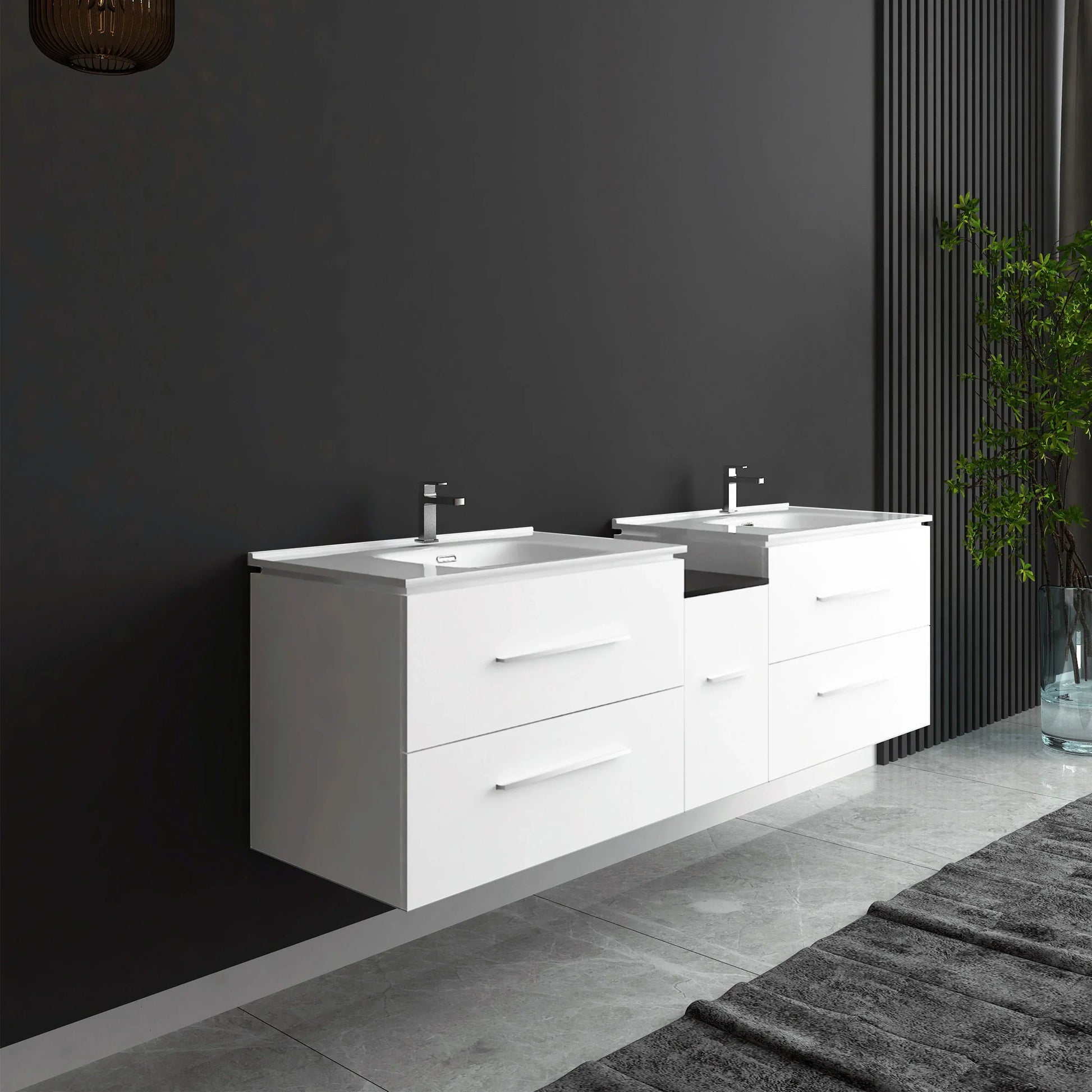 60" Matte White Wall Mount Double Sink Bathroom Vanity with White Ceramic Countertop-Migration_Bathroom Vanities-DECOROLALA