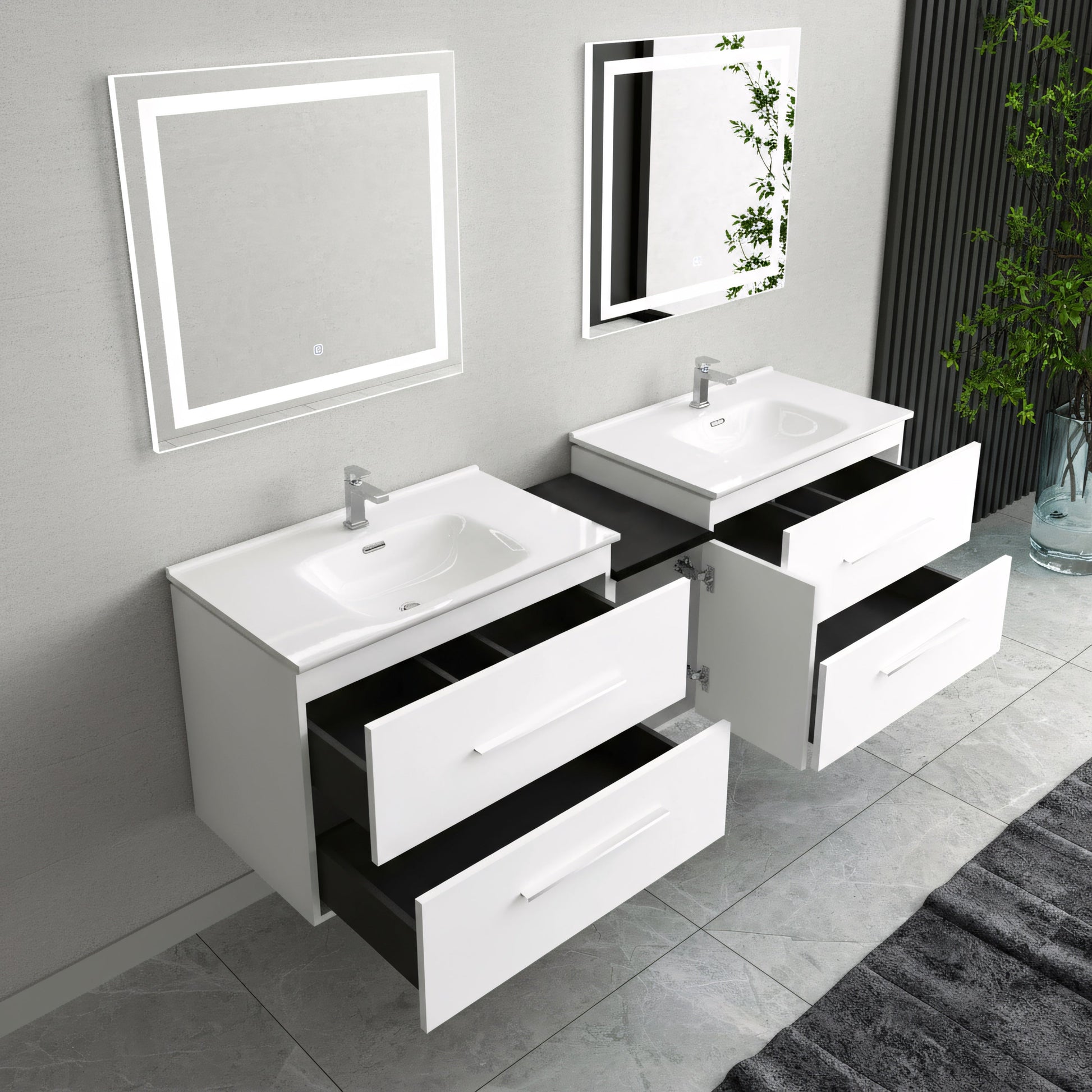 60" Matte White Wall Mount Double Sink Bathroom Vanity with White Ceramic Countertop-Migration_Bathroom Vanities-DECOROLALA