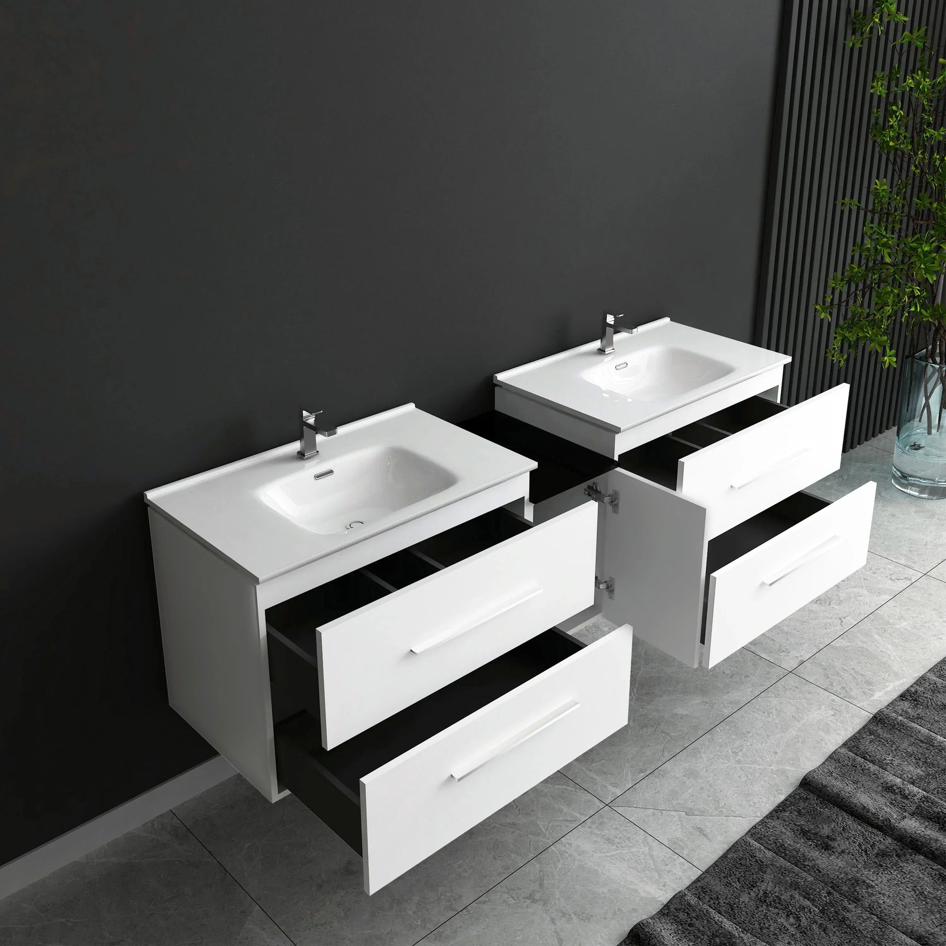 60" Matte White Wall Mount Double Sink Bathroom Vanity with White Ceramic Countertop-Migration_Bathroom Vanities-DECOROLALA