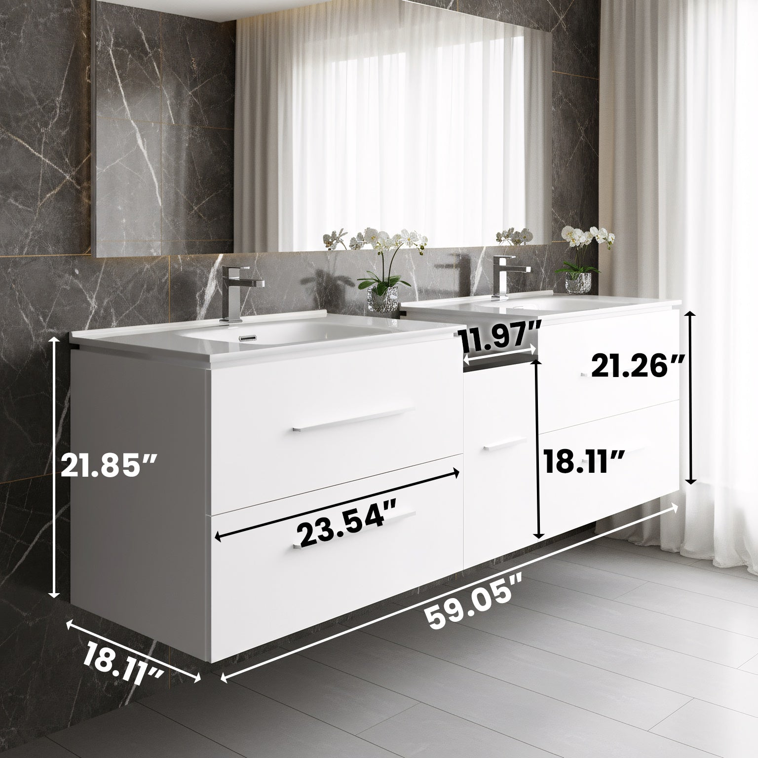 60" Matte White Wall Mount Double Sink Bathroom Vanity with White Ceramic Countertop-Migration_Bathroom Vanities-DECOROLALA