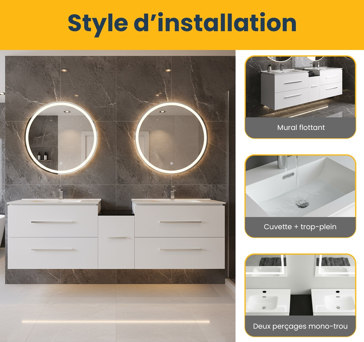 60" Matte White Wall Mount Double Sink Bathroom Vanity with White Ceramic Countertop-Migration_Bathroom Vanities-DECOROLALA