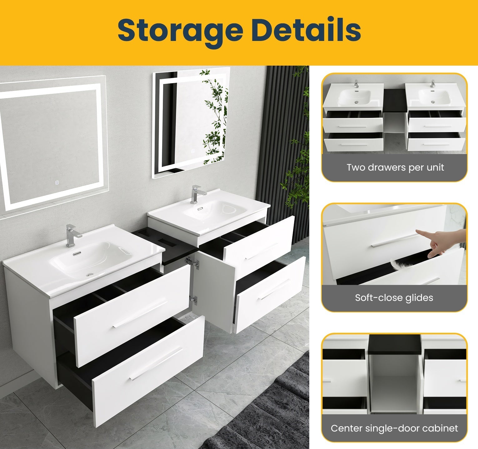 60" Matte White Wall Mount Double Sink Bathroom Vanity with White Ceramic Countertop-Migration_Bathroom Vanities-DECOROLALA