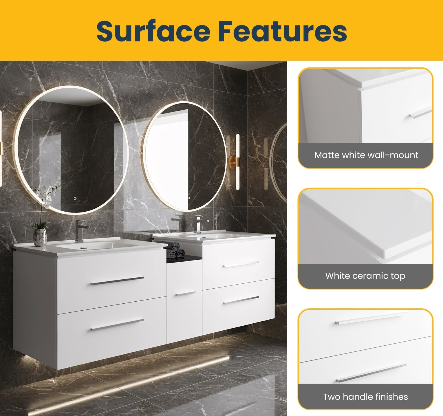 60" Matte White Wall Mount Double Sink Bathroom Vanity with White Ceramic Countertop-Migration_Bathroom Vanities-DECOROLALA