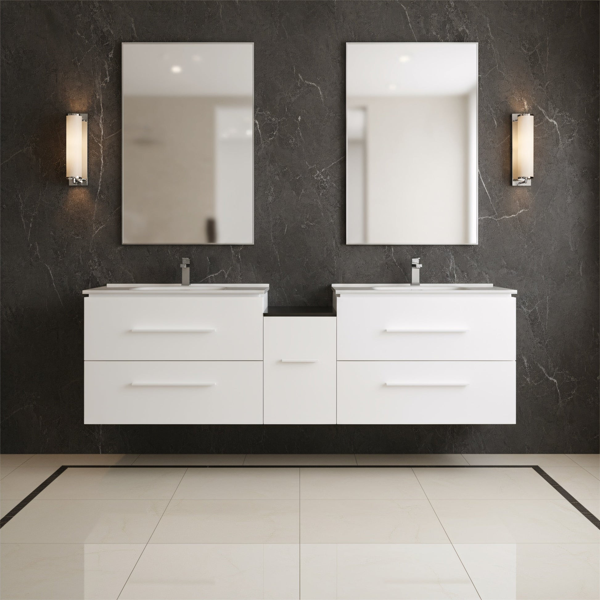 60" Matte White Wall Mount Double Sink Bathroom Vanity with White Ceramic Countertop-Migration_Bathroom Vanities-DECOROLALA