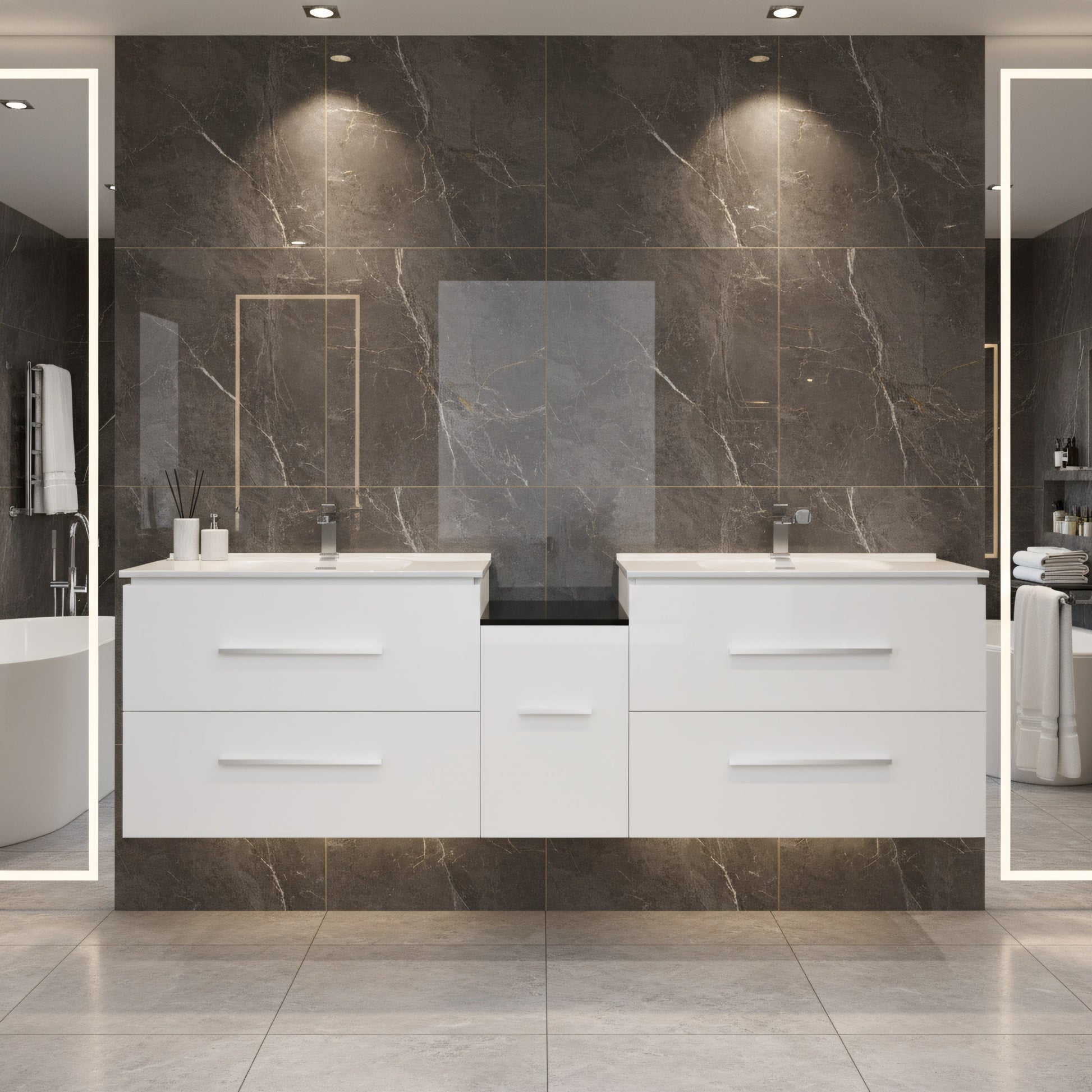 60" Matte White Wall Mount Double Sink Bathroom Vanity with White Ceramic Countertop-Migration_Bathroom Vanities-DECOROLALA