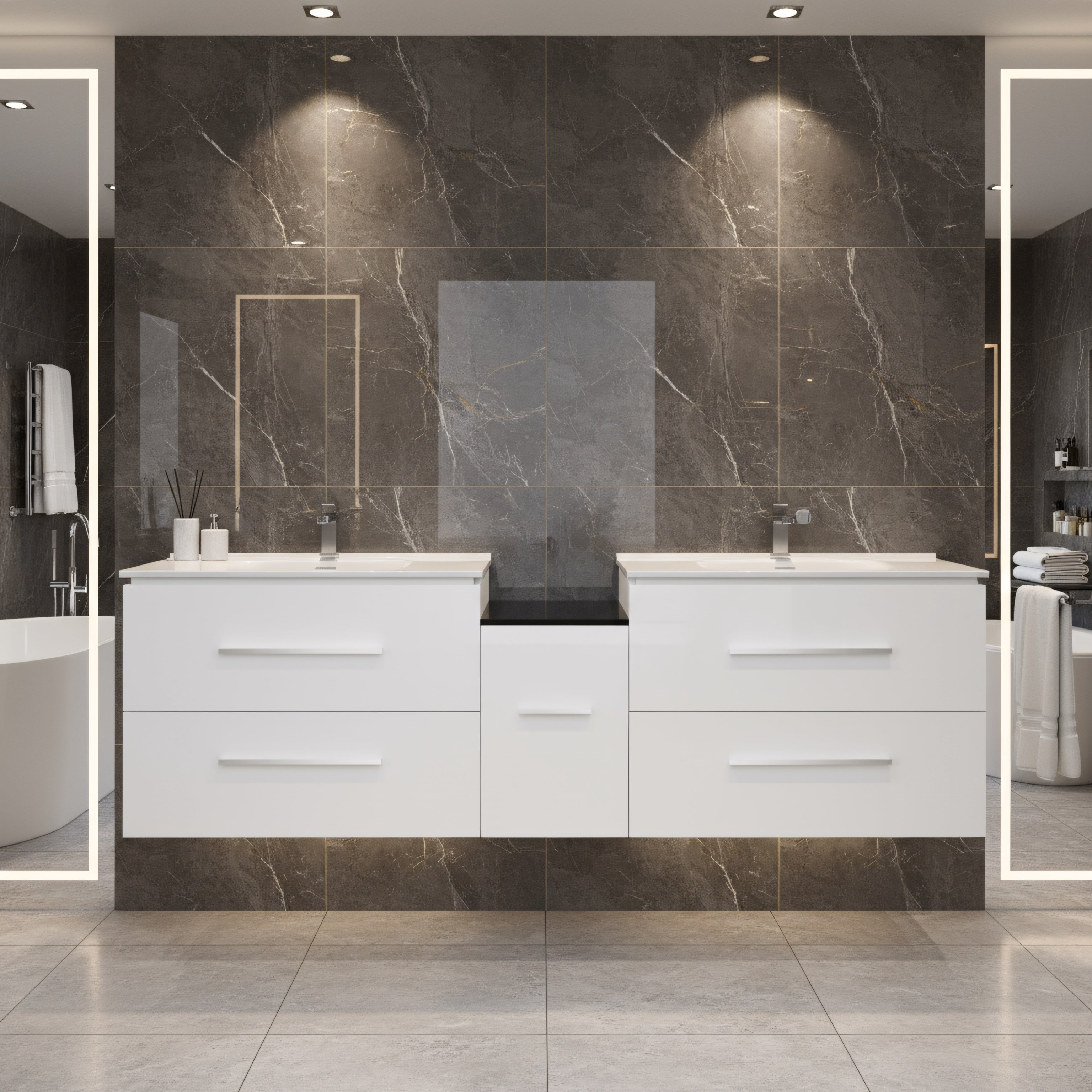 60" Matte White Wall Mount Double Sink Bathroom Vanity with White Ceramic Countertop-Migration_Bathroom Vanities-DECOROLALA