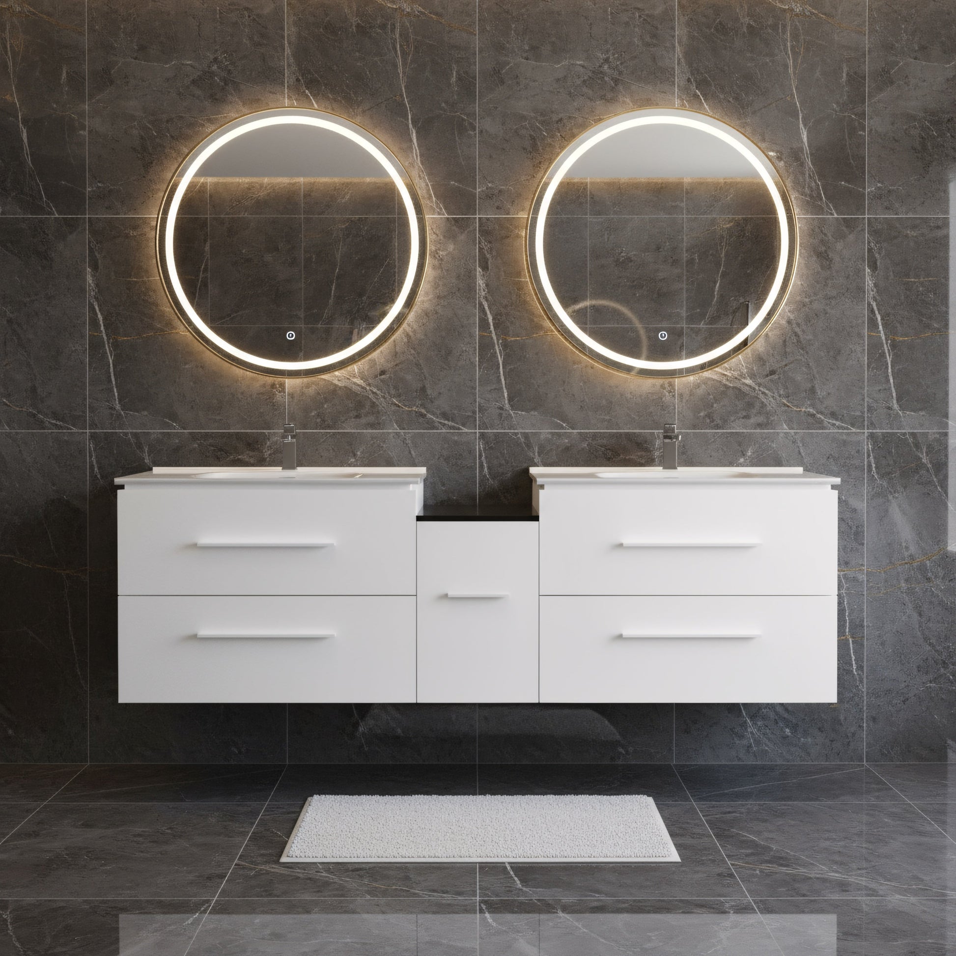 60" Matte White Wall Mount Double Sink Bathroom Vanity with White Ceramic Countertop-Migration_Bathroom Vanities-DECOROLALA