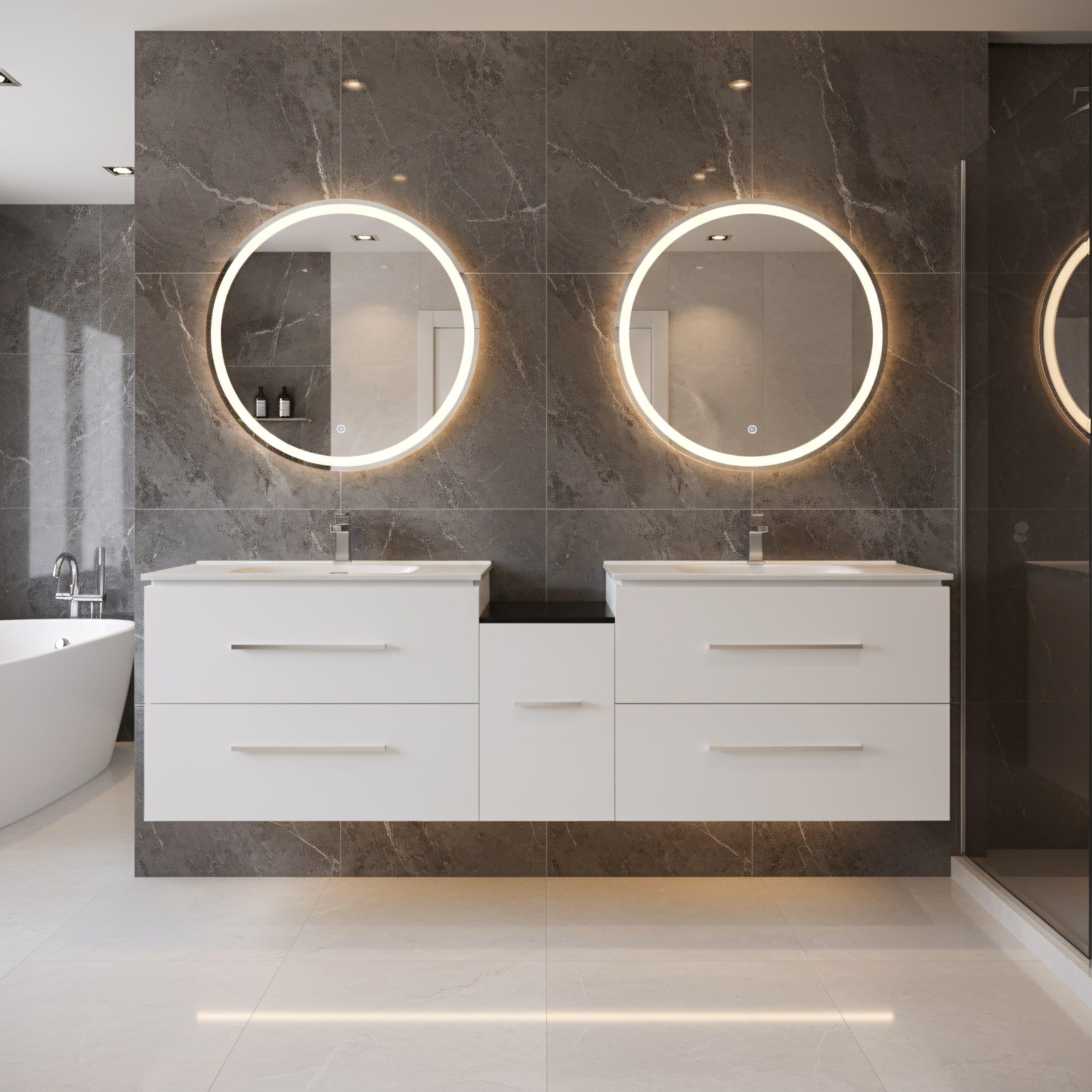 60" Matte White Wall Mount Double Sink Bathroom Vanity with White Ceramic Countertop-Migration_Bathroom Vanities-DECOROLALA