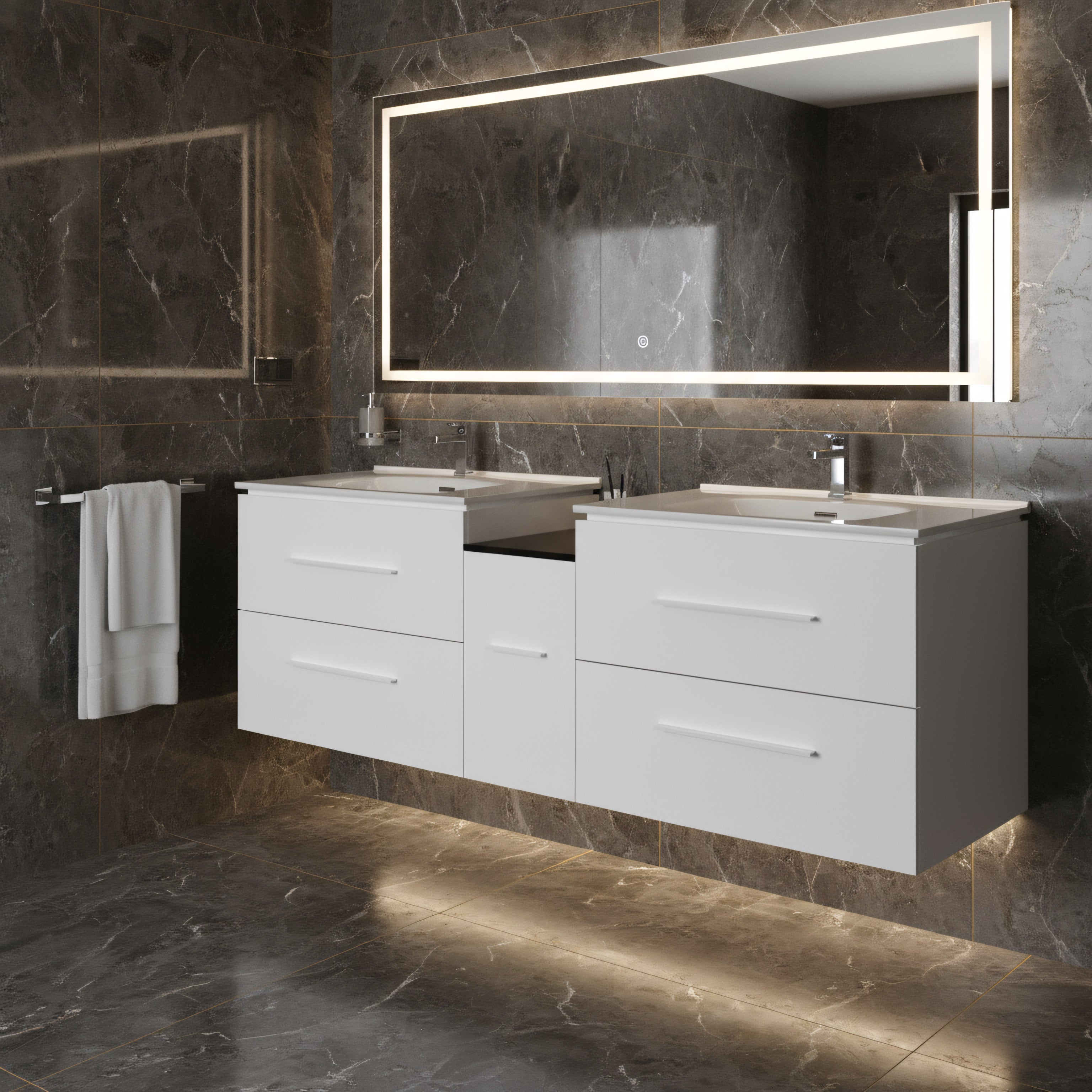 60" Matte White Wall Mount Double Sink Bathroom Vanity with White Ceramic Countertop-Migration_Bathroom Vanities-DECOROLALA