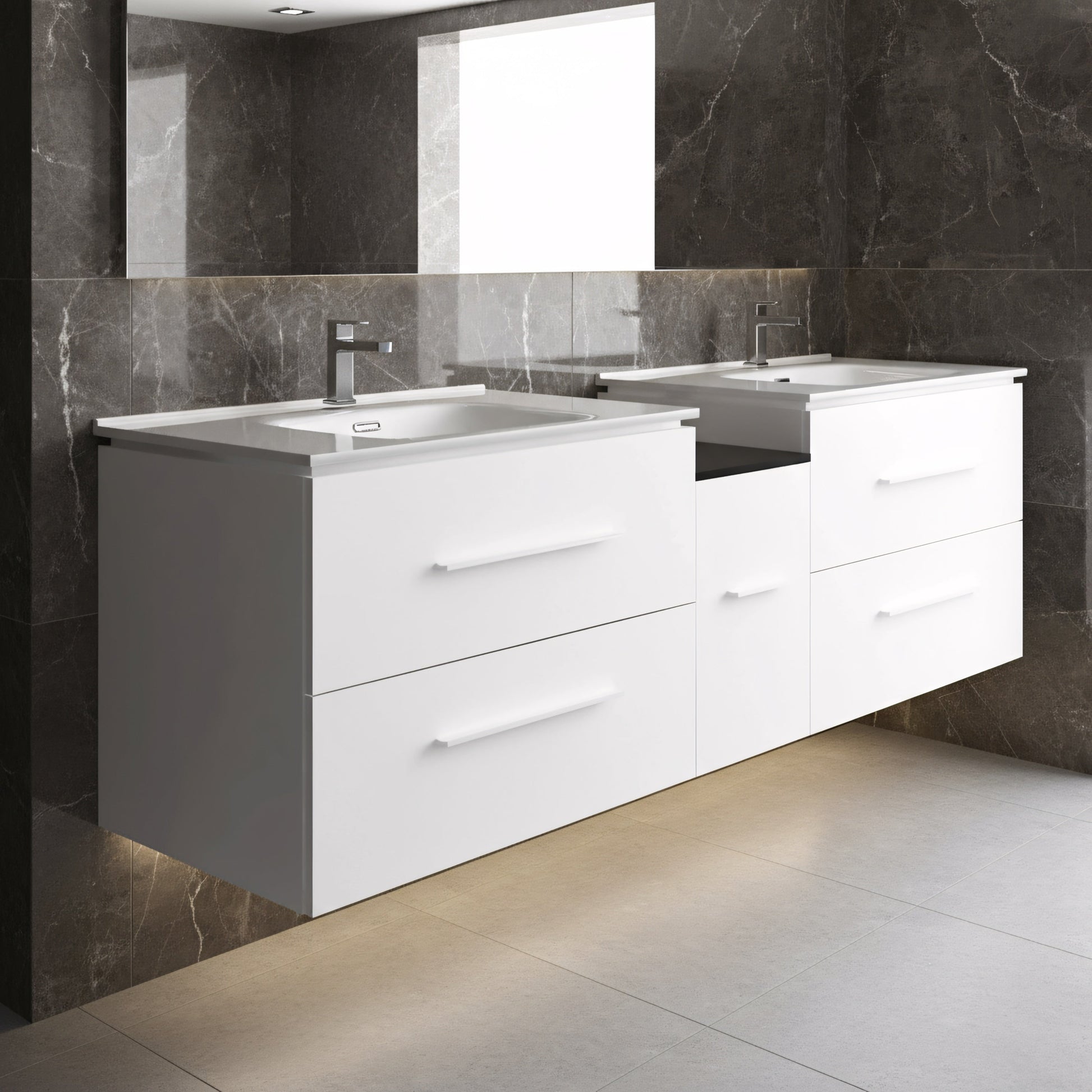 60" Matte White Wall Mount Double Sink Bathroom Vanity with White Ceramic Countertop-Migration_Bathroom Vanities-DECOROLALA
