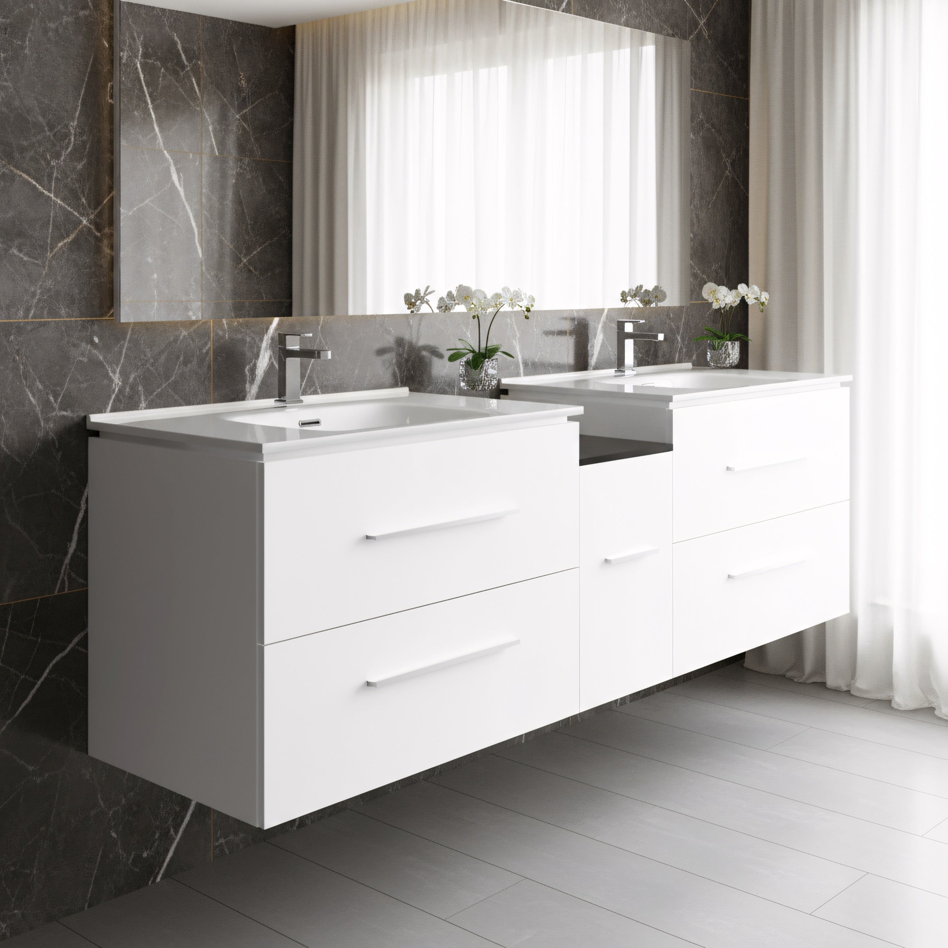 60" Matte White Wall Mount Double Sink Bathroom Vanity with White Ceramic Countertop-Migration_Bathroom Vanities-DECOROLALA