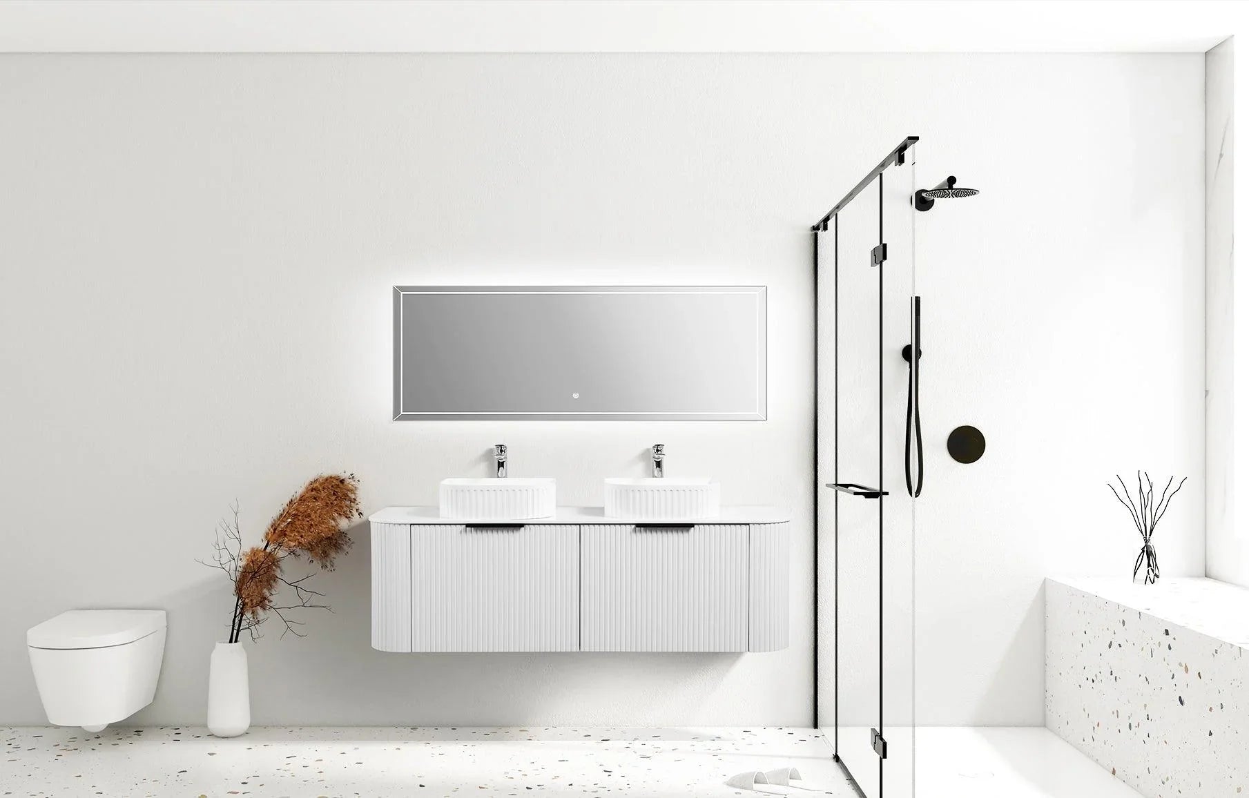 60" Matte White Wall Mount Double Sink Curved Fluted Bathroom Vanity with White Solid Surface Countertop and Basin-Migration_Bathroom Vanities-DECOROLALA