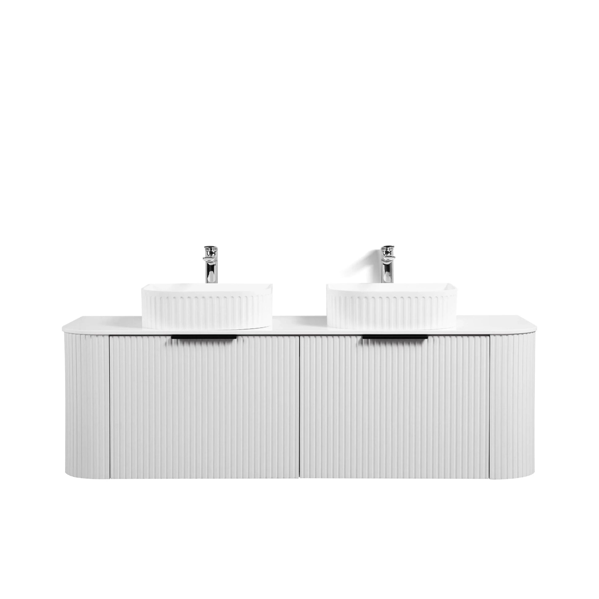 60" Matte White Wall Mount Double Sink Curved Fluted Bathroom Vanity with White Solid Surface Countertop and Basin-Migration_Bathroom Vanities-DECOROLALA