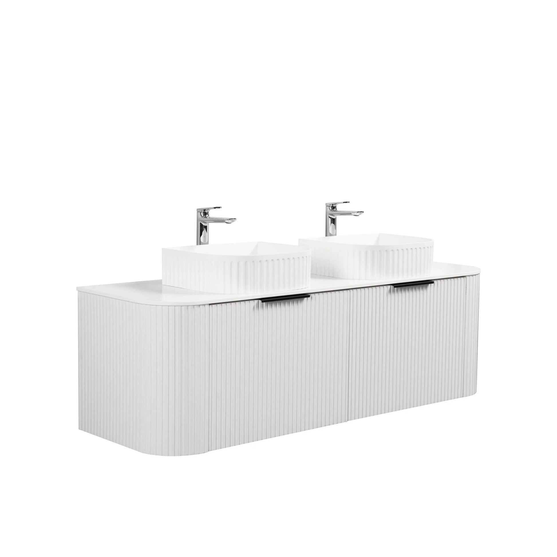60" Matte White Wall Mount Double Sink Curved Fluted Bathroom Vanity with White Solid Surface Countertop and Basin-Migration_Bathroom Vanities-DECOROLALA