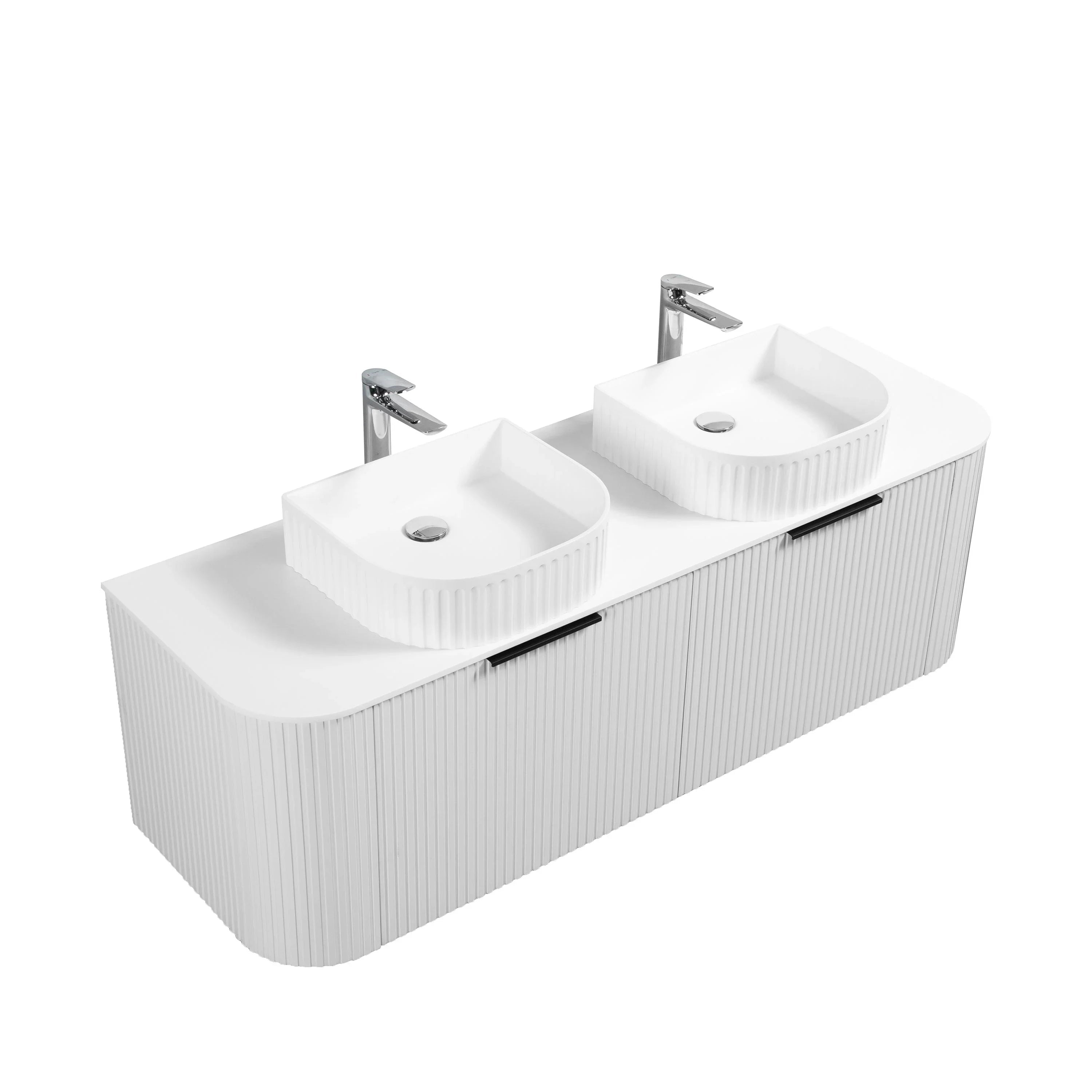 60" Matte White Wall Mount Double Sink Curved Fluted Bathroom Vanity with White Solid Surface Countertop and Basin-Migration_Bathroom Vanities-DECOROLALA