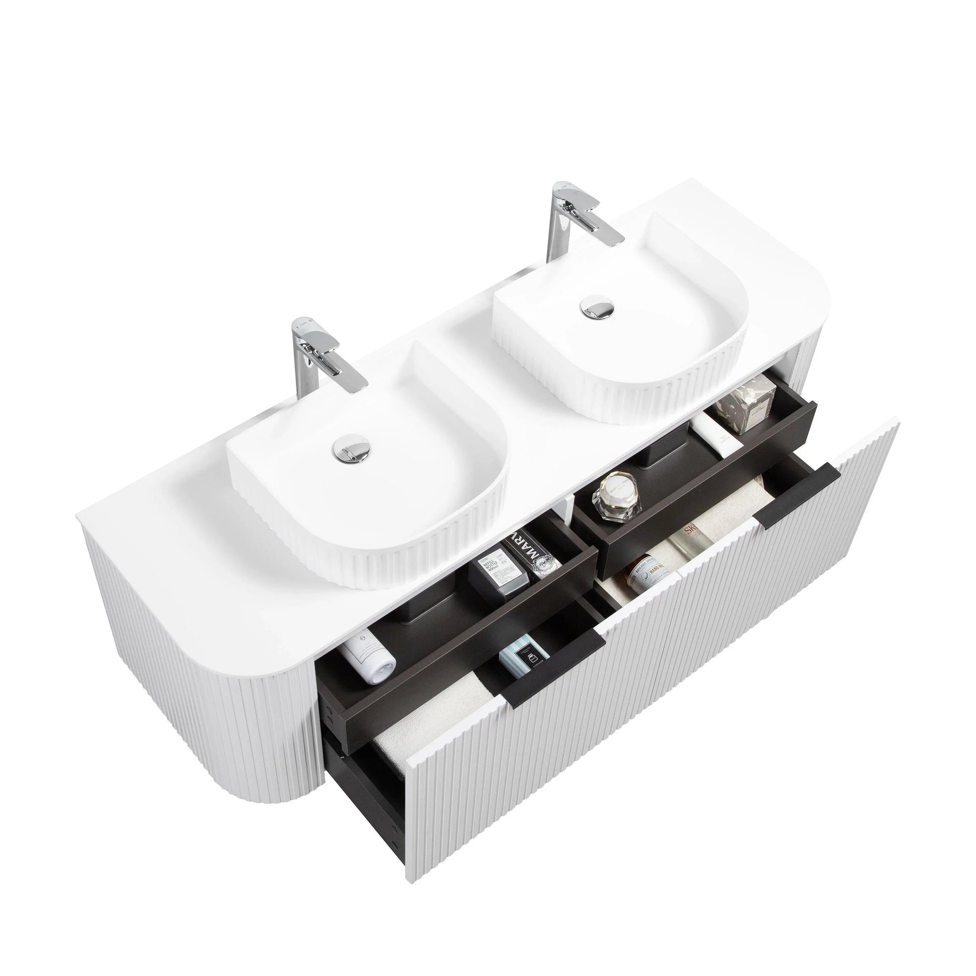 60" Matte White Wall Mount Double Sink Curved Fluted Bathroom Vanity with White Solid Surface Countertop and Basin-Migration_Bathroom Vanities-DECOROLALA