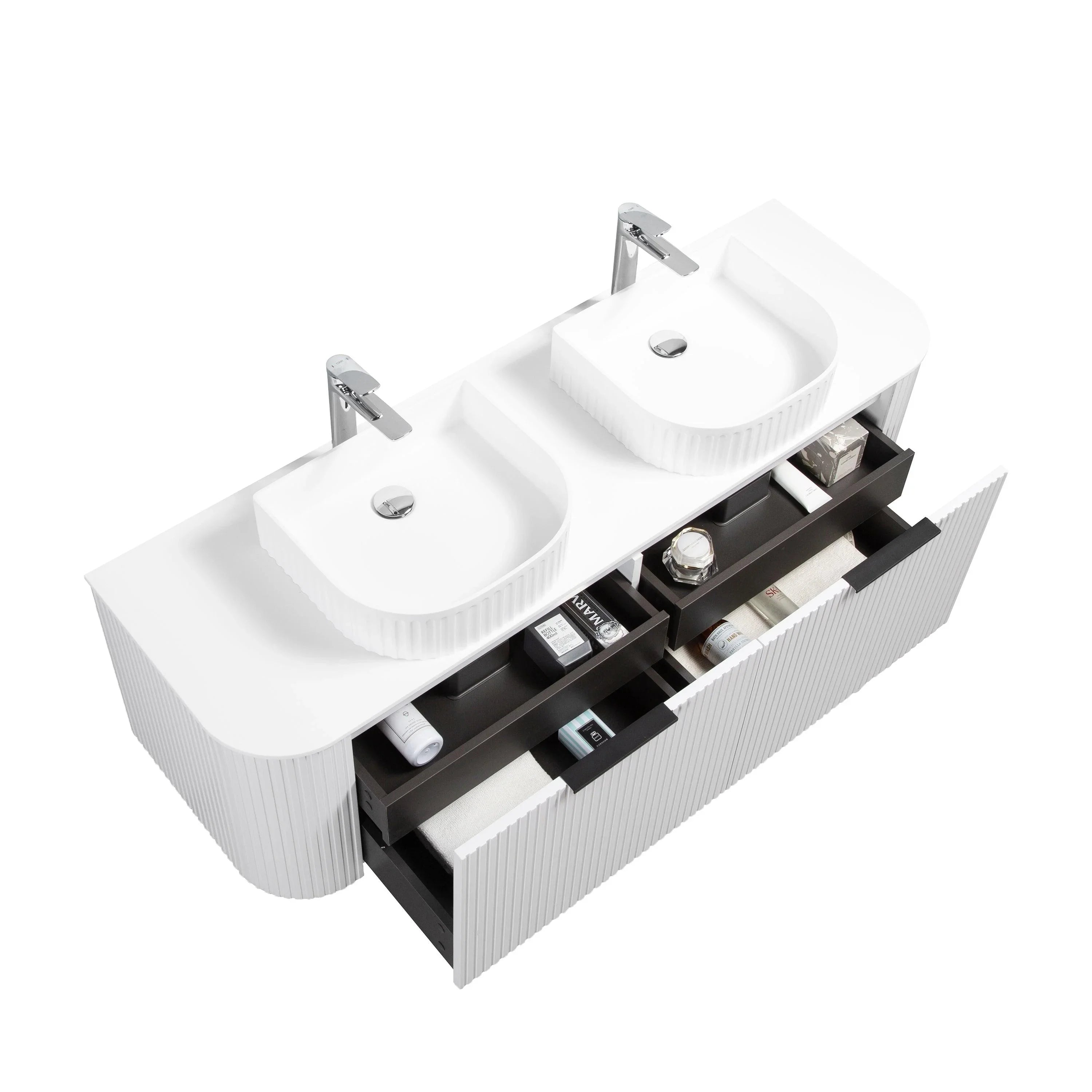 60" Matte White Wall Mount Double Sink Curved Fluted Bathroom Vanity with White Solid Surface Countertop and Basin-Migration_Bathroom Vanities-DECOROLALA