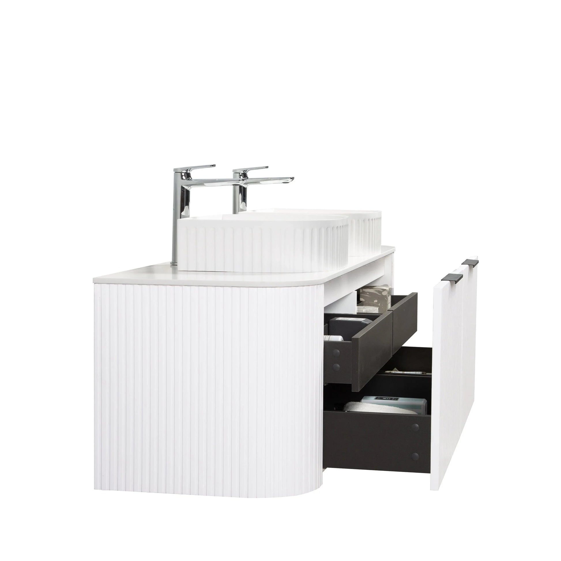 60" Matte White Wall Mount Double Sink Curved Fluted Bathroom Vanity with White Solid Surface Countertop and Basin-Migration_Bathroom Vanities-DECOROLALA