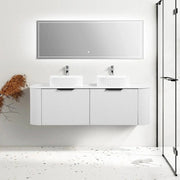 60" Matte White Wall Mount Double Sink Curved Fluted Bathroom Vanity with White Solid Surface Countertop and Basin-Migration_Bathroom Vanities-DECOROLALA