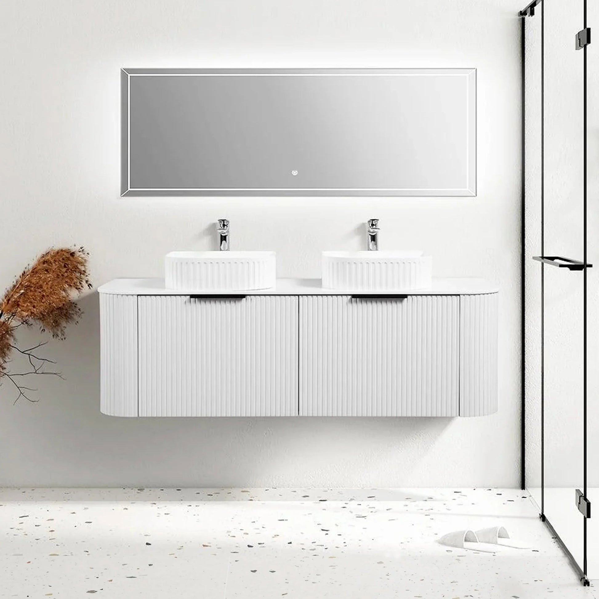 60" Matte White Wall Mount Double Sink Curved Fluted Bathroom Vanity with White Solid Surface Countertop and Basin-Migration_Bathroom Vanities-DECOROLALA