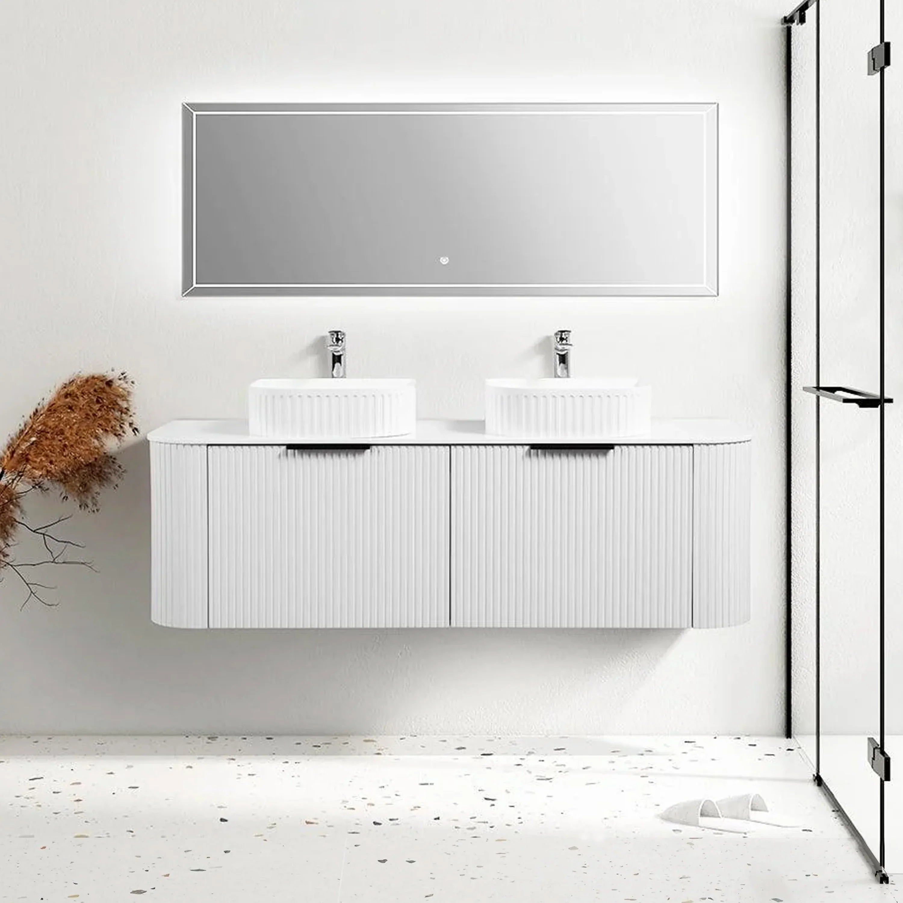 60" Matte White Wall Mount Double Sink Curved Fluted Bathroom Vanity with White Solid Surface Countertop and Basin-Migration_Bathroom Vanities-DECOROLALA