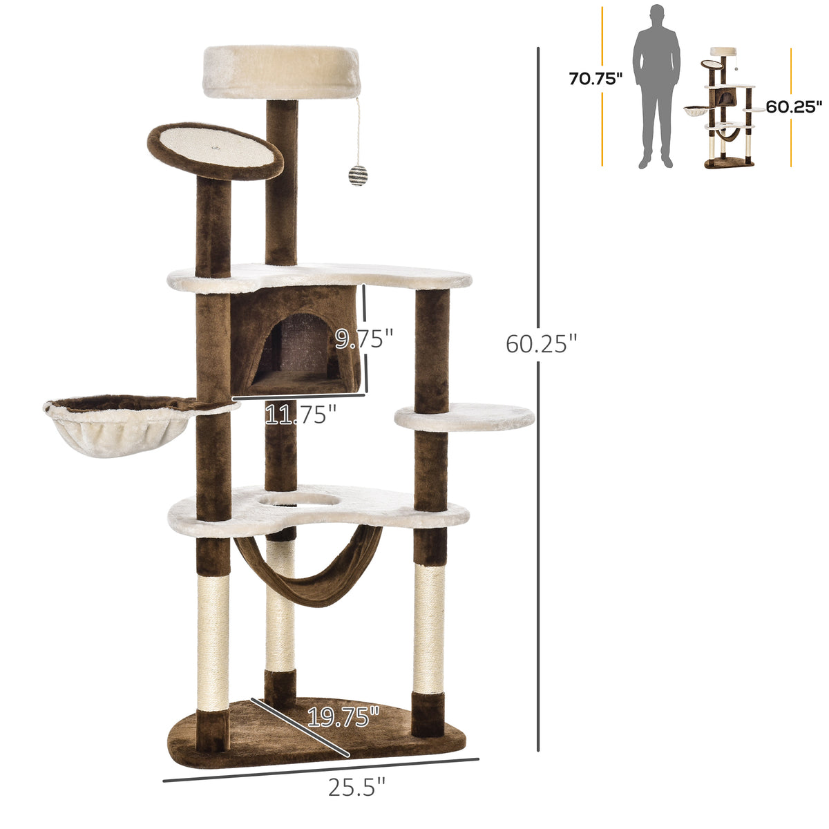60" Multi-Level Cat Tree with Condo and Hammock - Brown/Beige-Cats-DECOROLALA