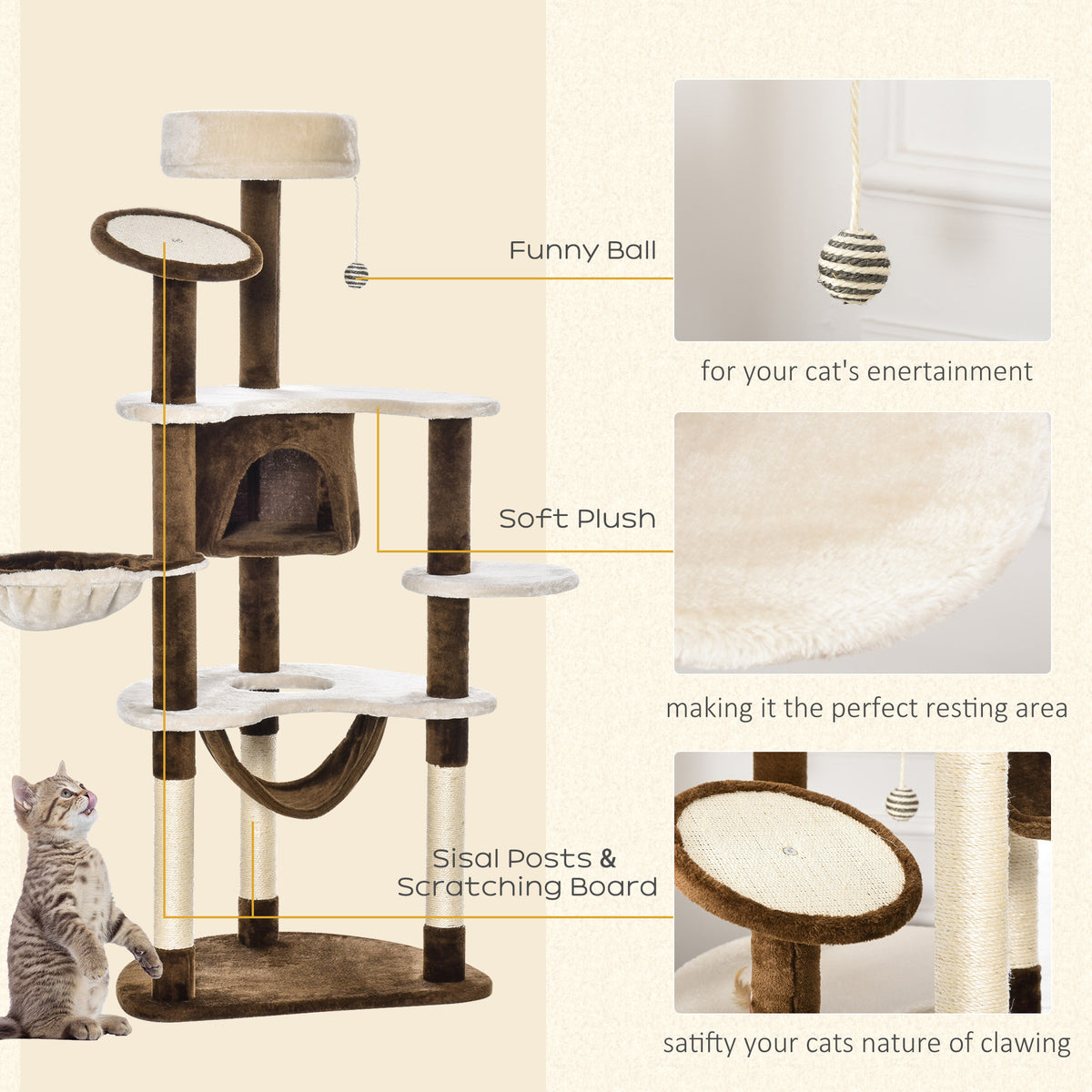 60" Multi-Level Cat Tree with Condo and Hammock - Brown/Beige-Cats-DECOROLALA