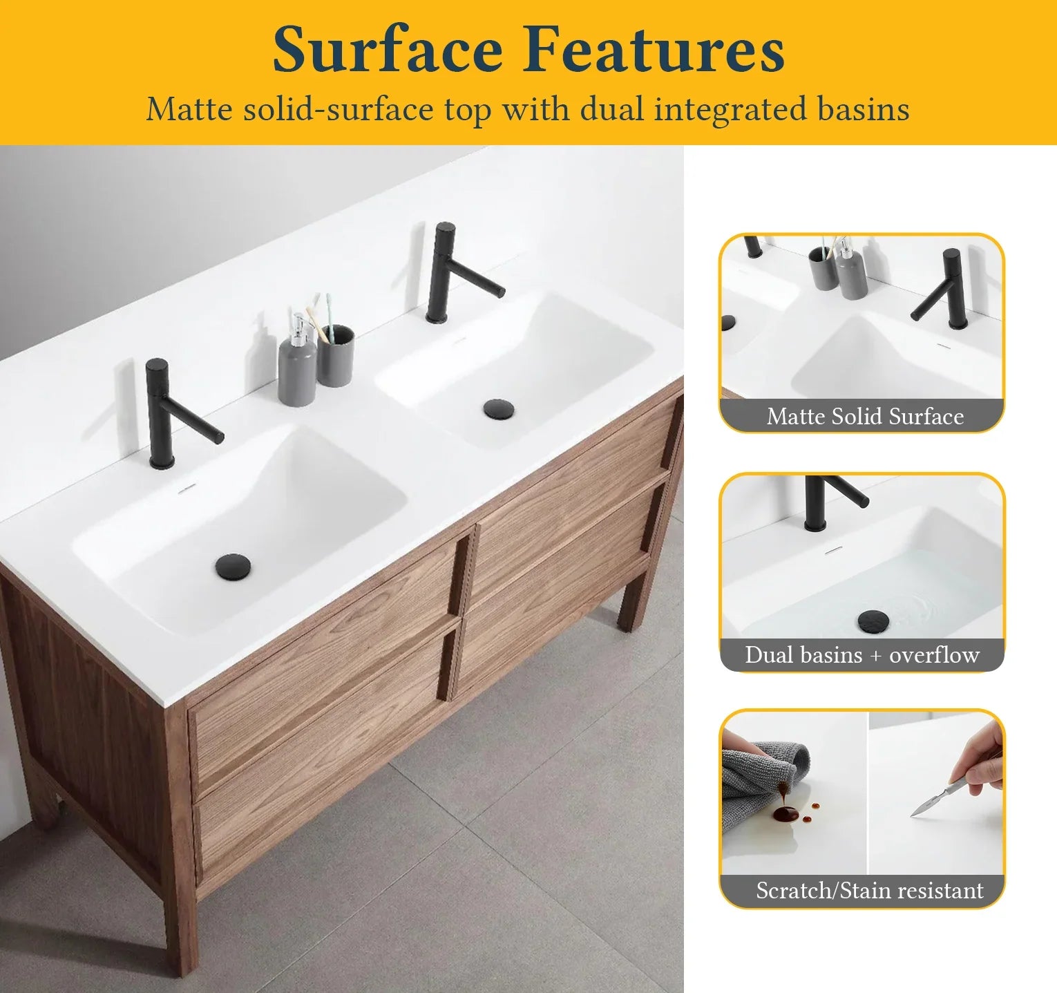 60" Natural Walnut Freestanding Double Sink Bathroom Vanity with White Solid Surface Countertop-Migration_Bathroom Vanities-DECOROLALA