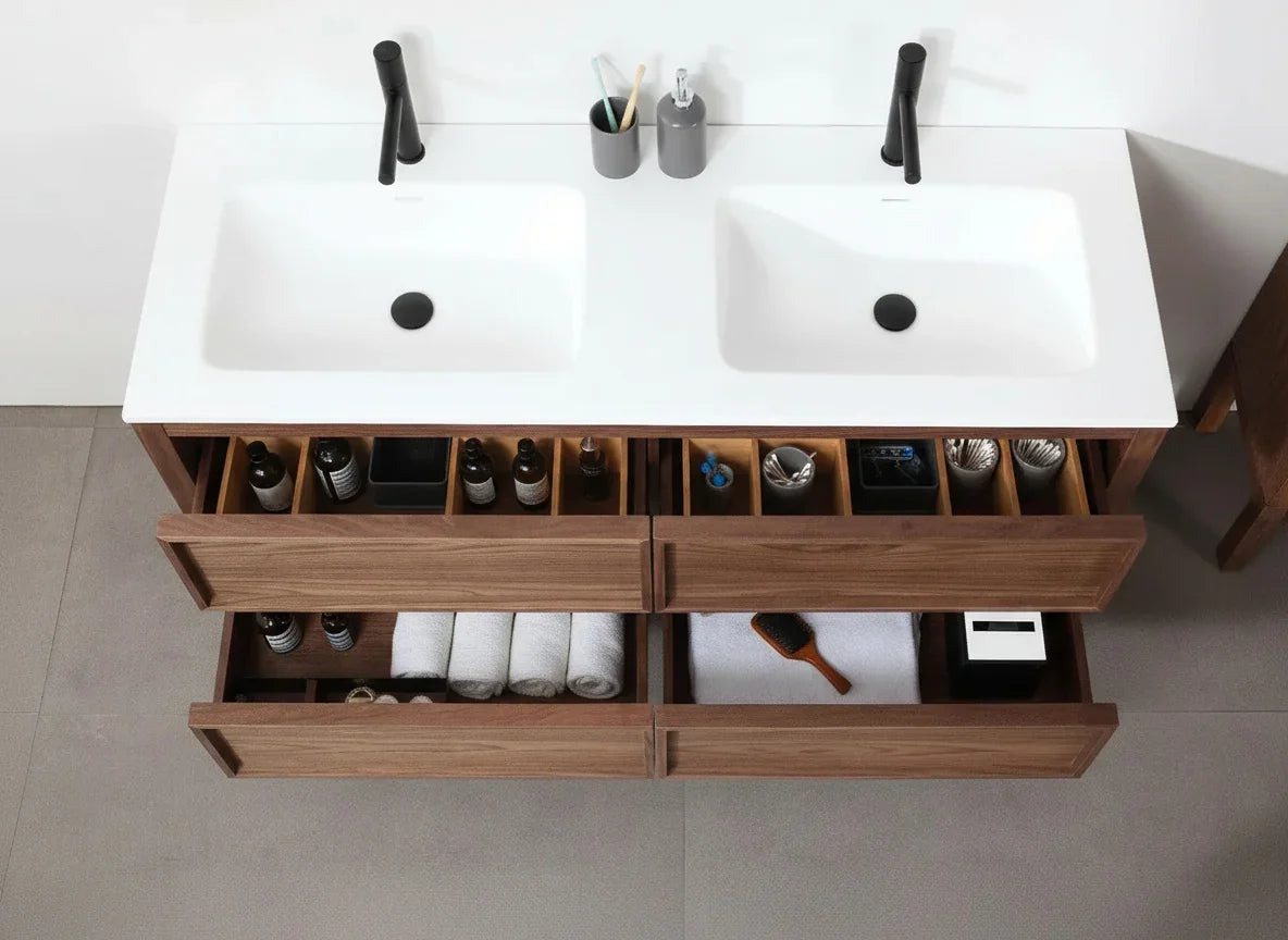 60" Natural Walnut Freestanding Double Sink Bathroom Vanity with White Solid Surface Countertop-Migration_Bathroom Vanities-DECOROLALA