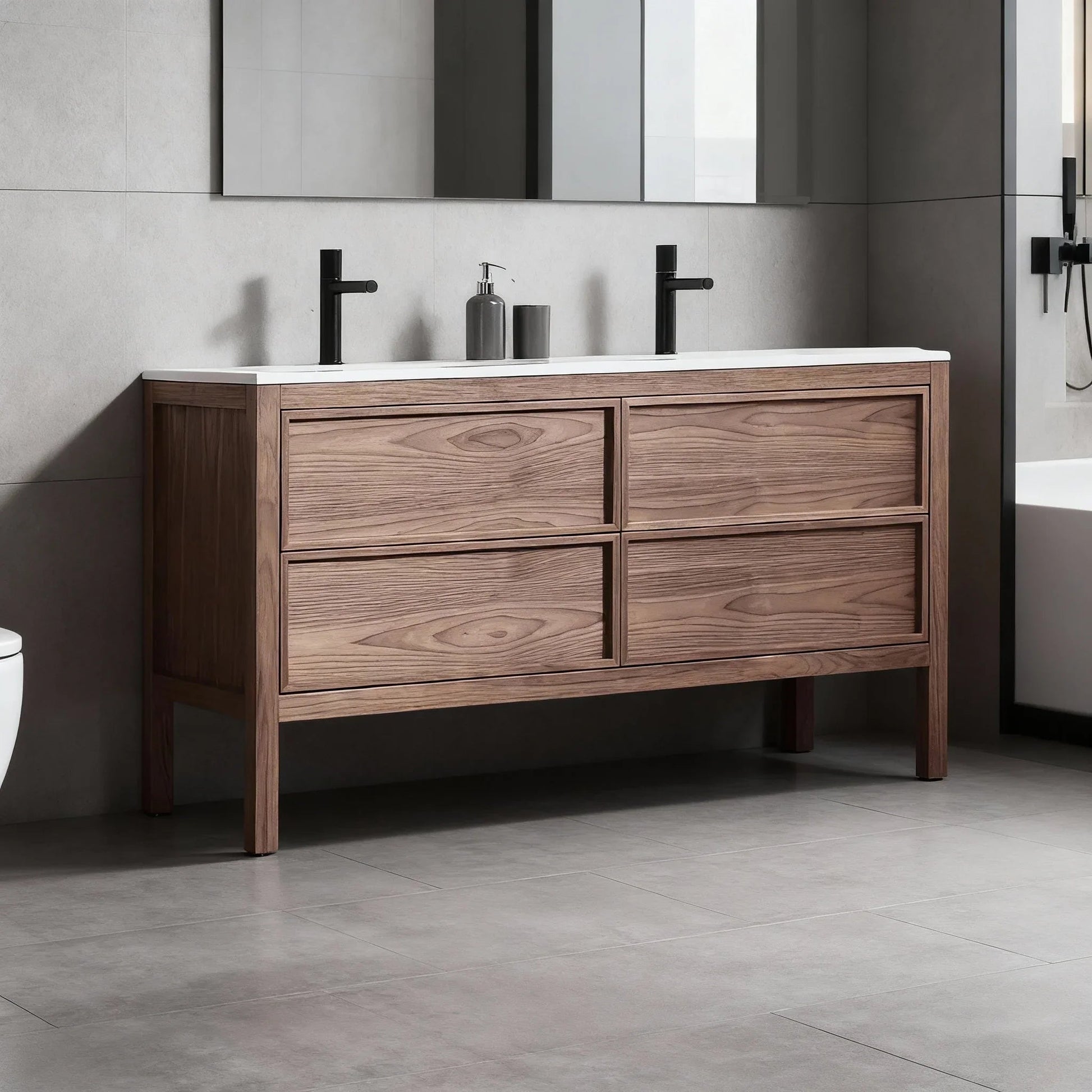 60" Natural Walnut Freestanding Double Sink Bathroom Vanity with White Solid Surface Countertop-Migration_Bathroom Vanities-DECOROLALA