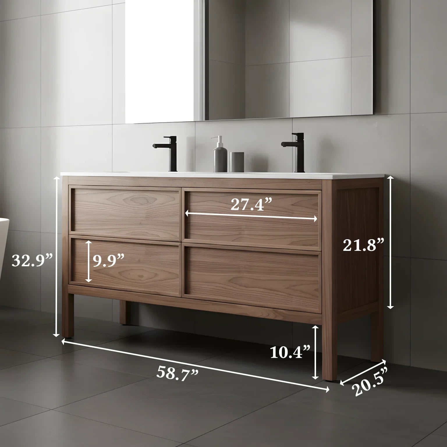 60" Natural Walnut Freestanding Double Sink Bathroom Vanity with White Solid Surface Countertop-Migration_Bathroom Vanities-DECOROLALA