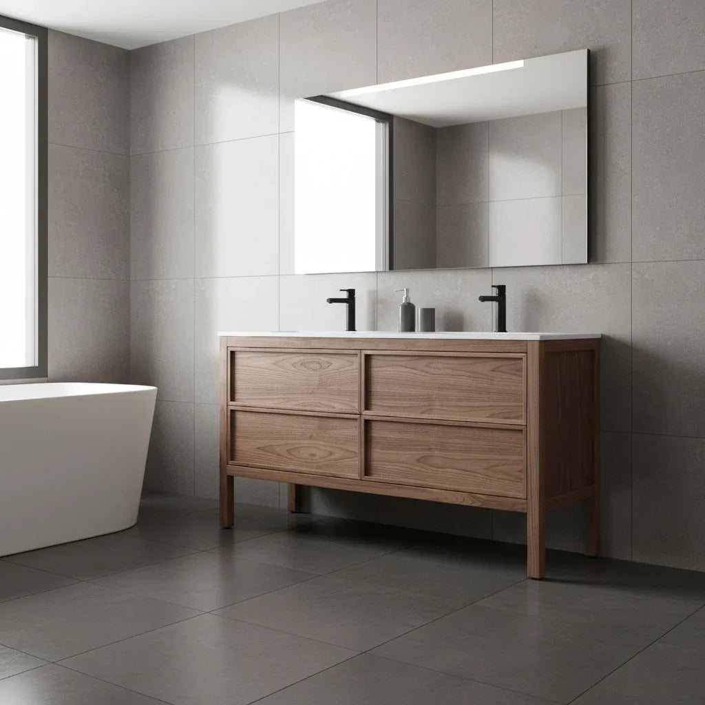 60" Natural Walnut Freestanding Double Sink Bathroom Vanity with White Solid Surface Countertop-Migration_Bathroom Vanities-DECOROLALA