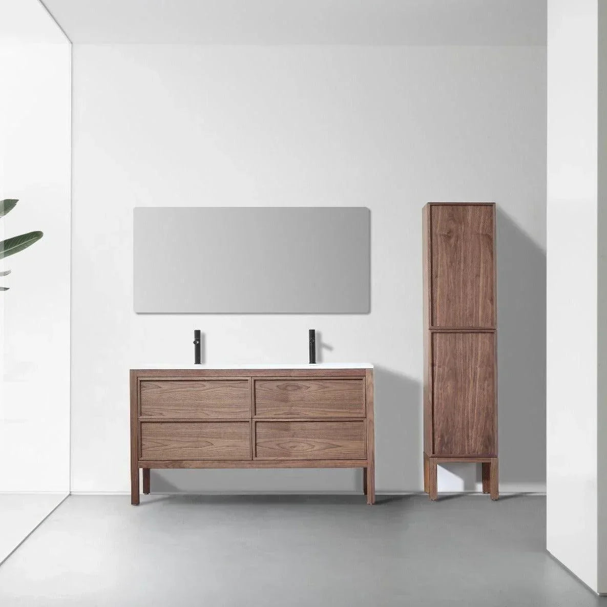 60" Natural Walnut Freestanding Double Sink Bathroom Vanity with White Solid Surface Countertop-Migration_Bathroom Vanities-DECOROLALA