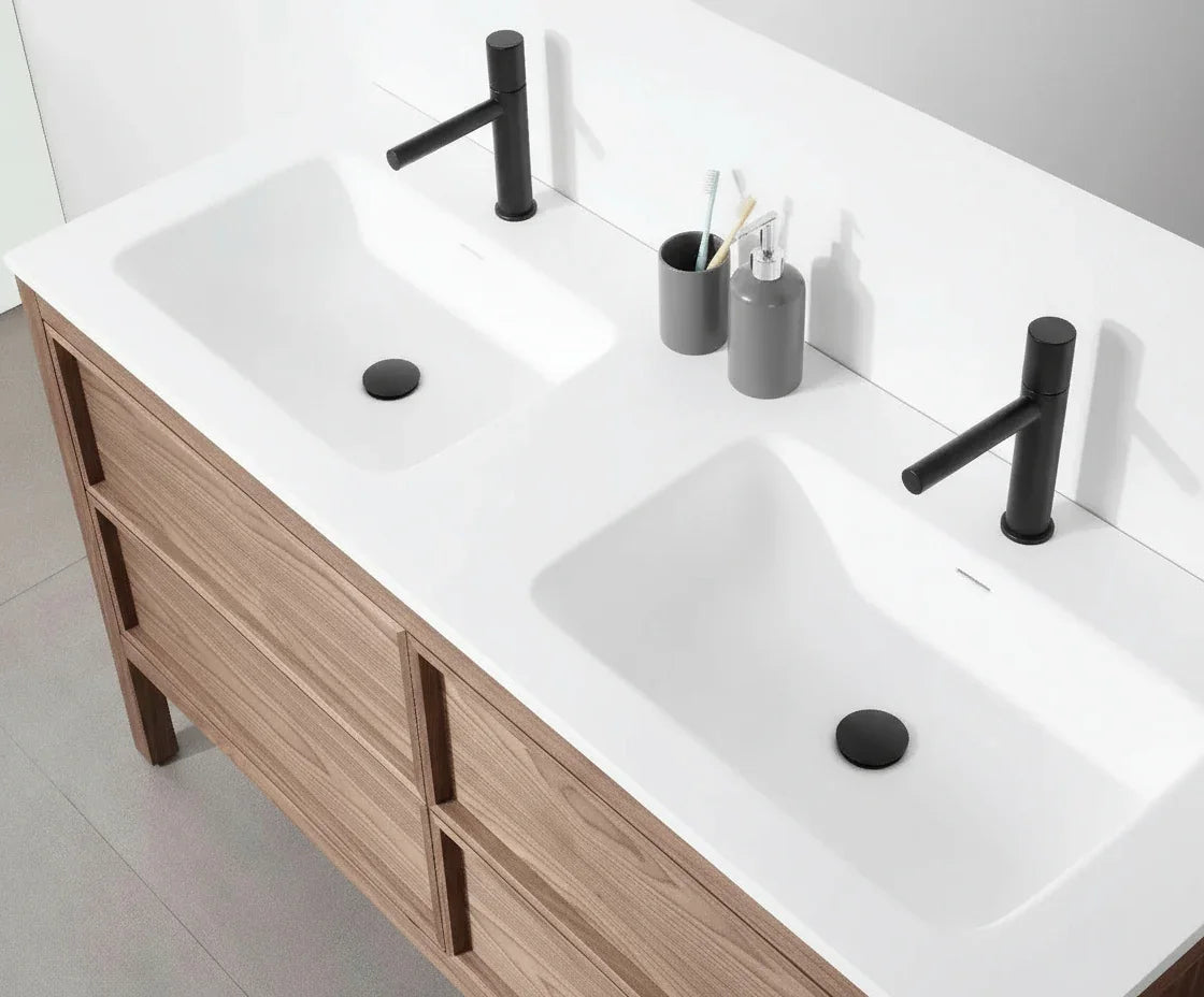 60" Natural Walnut Freestanding Double Sink Bathroom Vanity with White Solid Surface Countertop-Migration_Bathroom Vanities-DECOROLALA