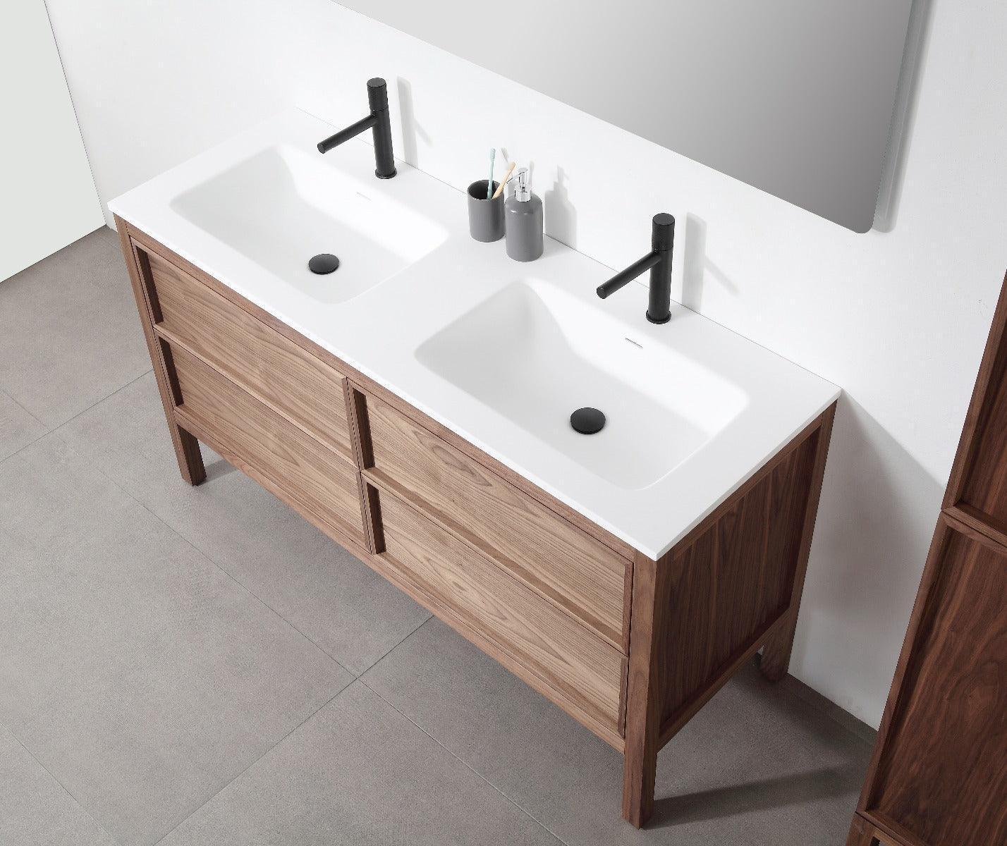 60" Natural Walnut Freestanding Double Sink Bathroom Vanity with White Solid Surface Countertop-Migration_Bathroom Vanities-DECOROLALA