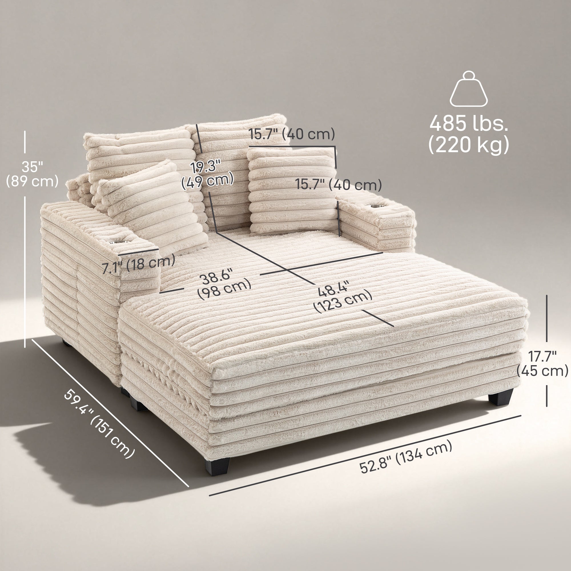 60" Oversized Chaise Lounge Sofa Bed - Beige Corduroy-Home Furnishings > Living Room Furniture > Sofas & Reclining Chairs-DECOROLALA
