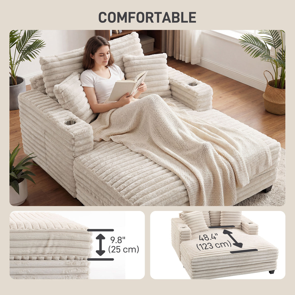 60" Oversized Chaise Lounge Sofa Bed - Beige Corduroy-Home Furnishings > Living Room Furniture > Sofas & Reclining Chairs-DECOROLALA