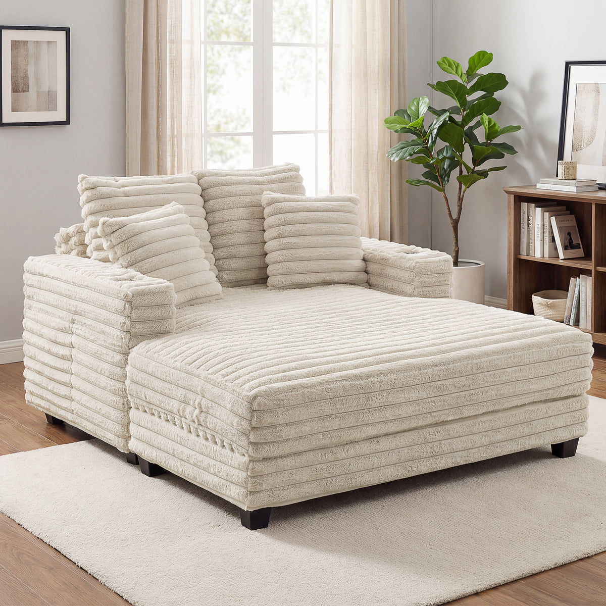 60" Oversized Chaise Lounge Sofa Bed - Beige Corduroy-Home Furnishings > Living Room Furniture > Sofas & Reclining Chairs-DECOROLALA