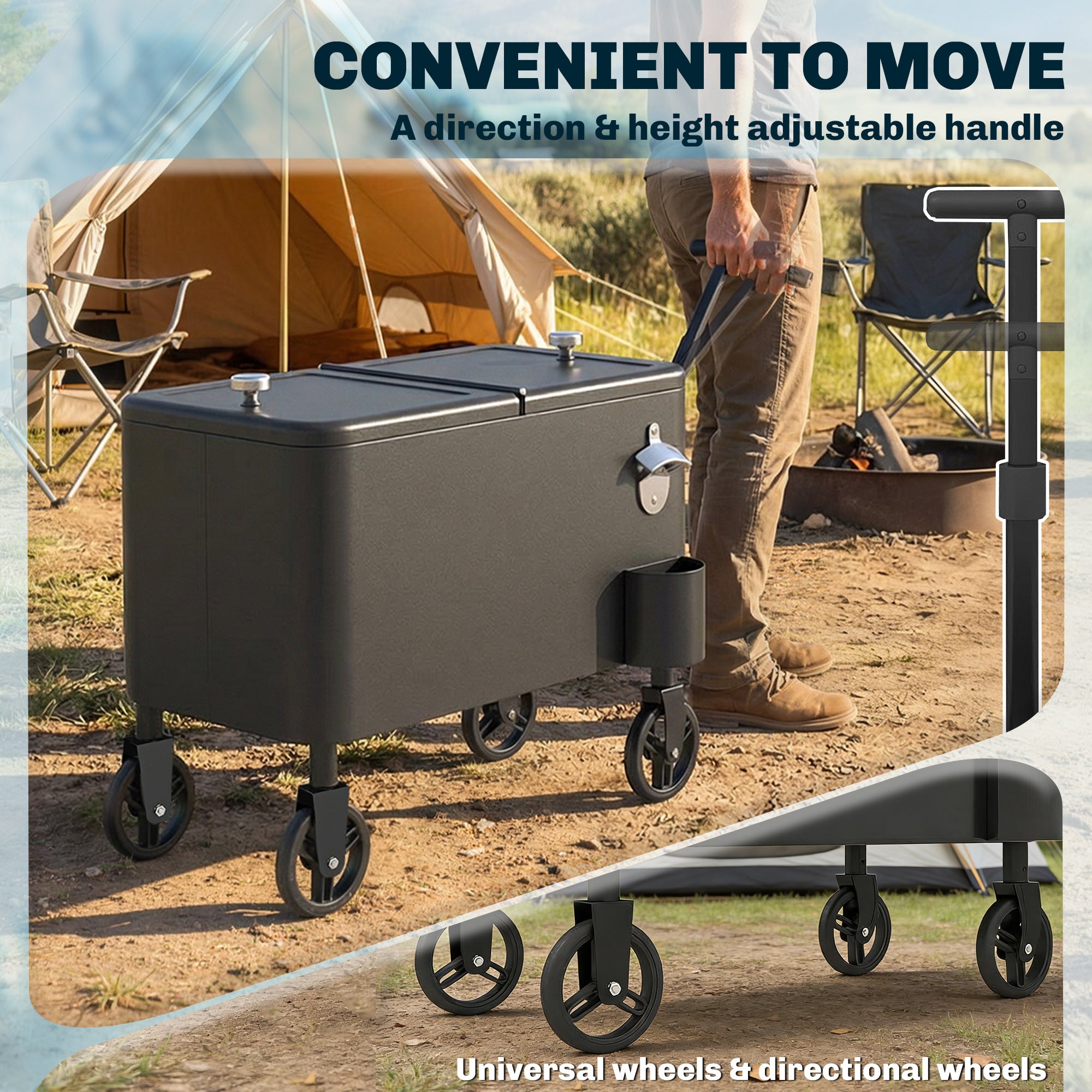 60-Qt Outdoor Patio Cooler Cart - Rolling Ice Chest Black-DECOROLALA