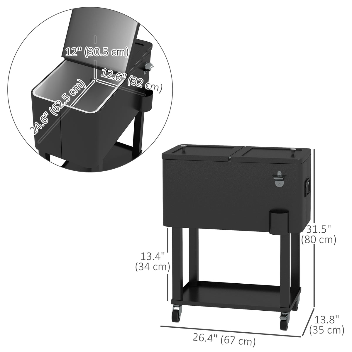 60 Quart Rolling Outdoor Cooler Cart - Black-Coolers-DECOROLALA