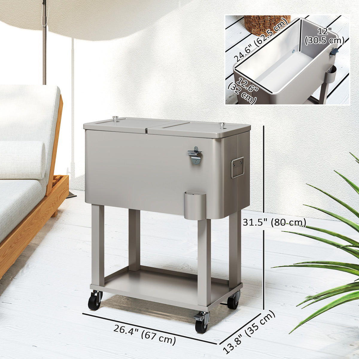60 Quart Rolling Outdoor Patio Cooler Cart - Silver-Coolers-DECOROLALA