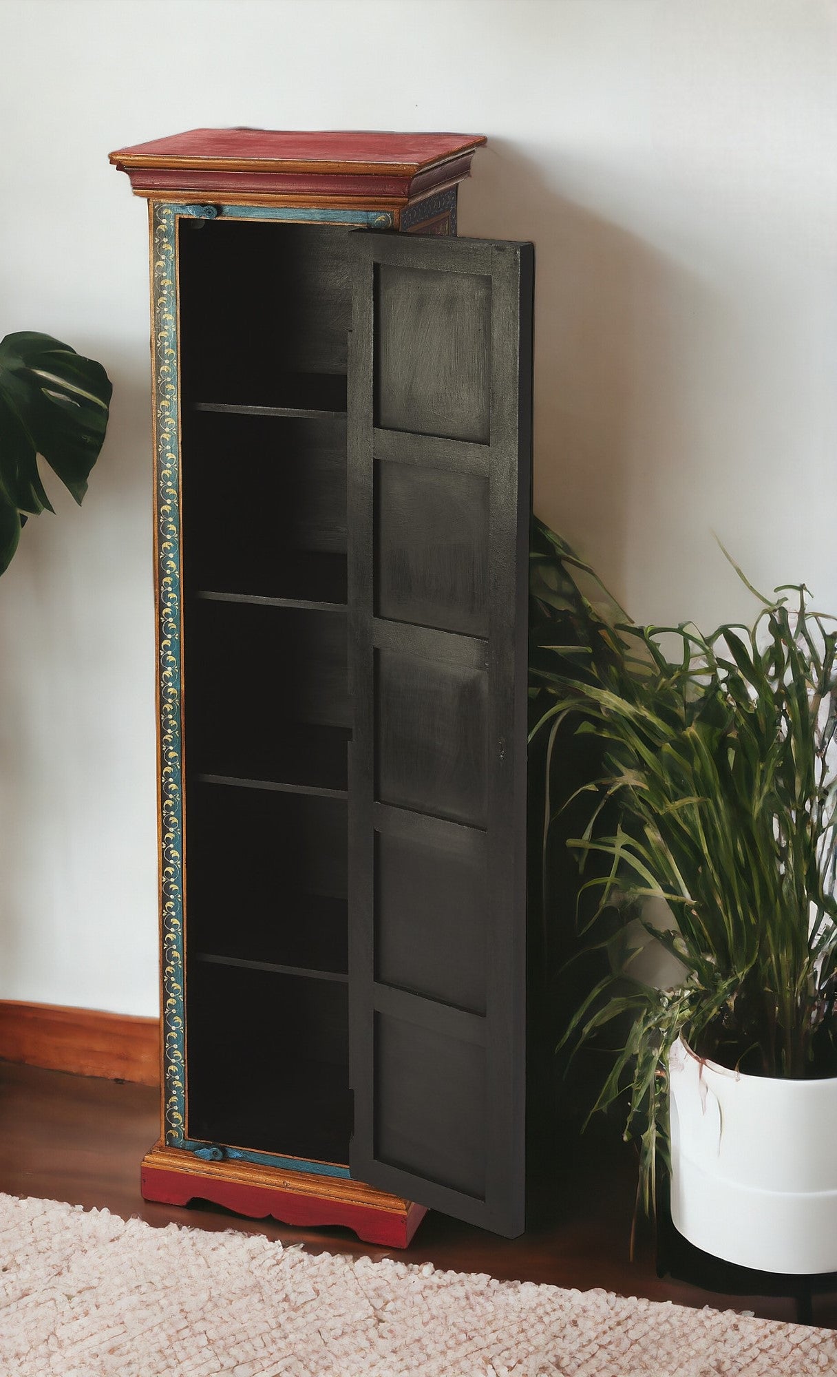 60" Red Blue and Gold Hand Painted Accent Cabinet-Cabinets-DECOROLALA